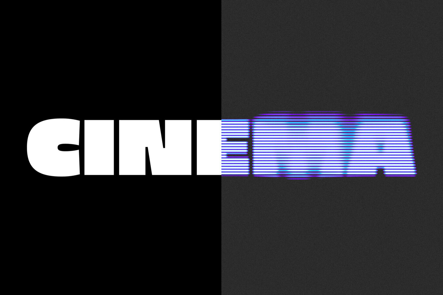 Bold Cinema text effect with digital glitch on black background suitable for graphic designers. Keywords: mockup, typography, digital, glitch, design asset.