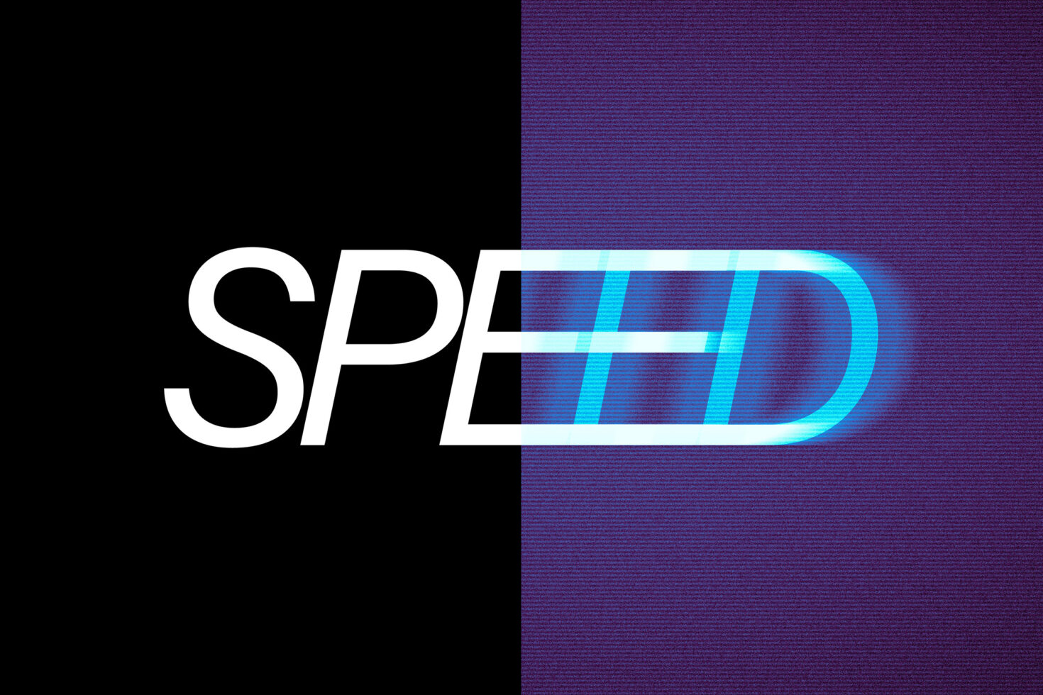 Dynamic text graphic with the word Speed split between black and purple backgrounds. Blue neon effect on the right adds a futuristic touch. Perfect for templates.