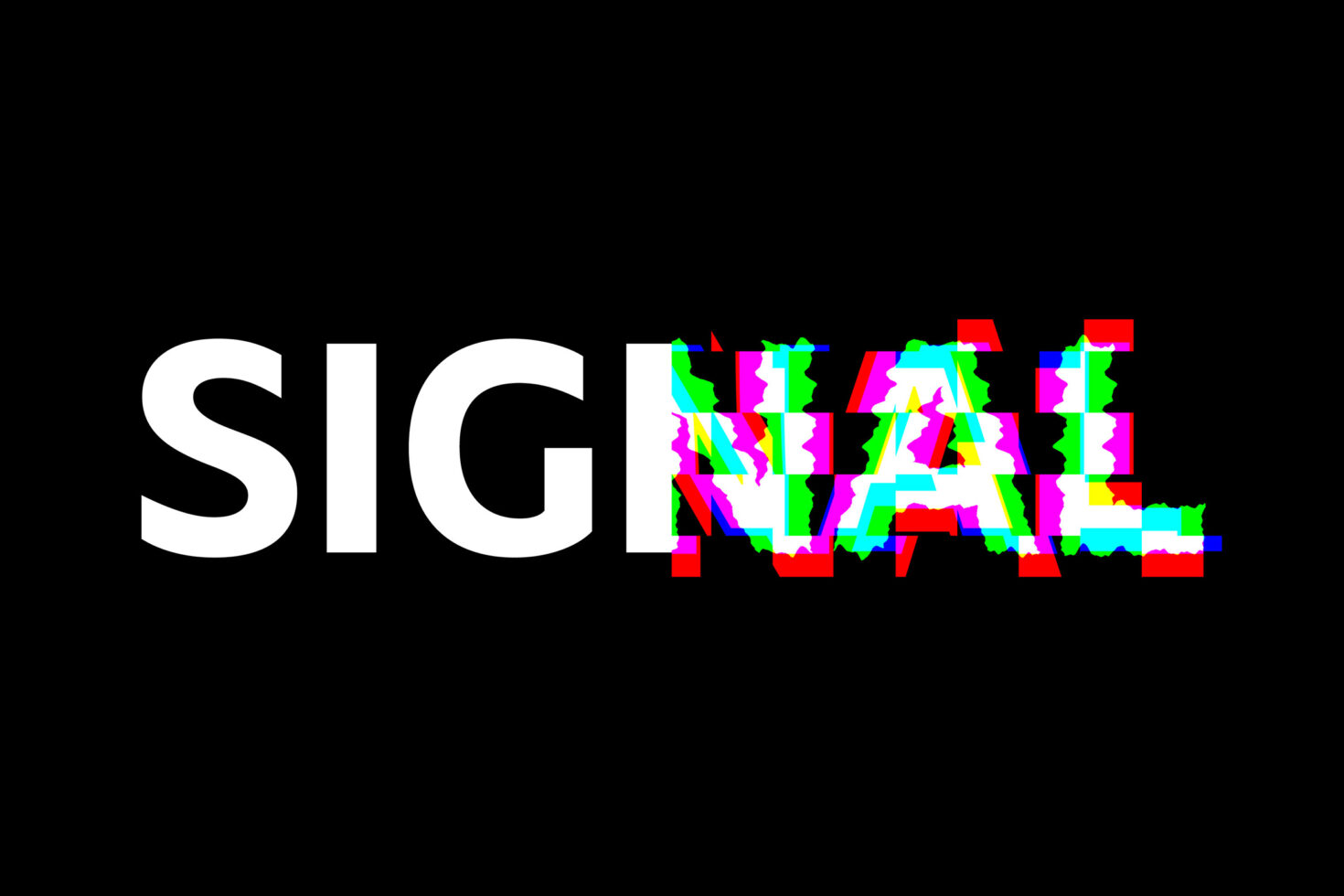 Glitch text effect spelling SIGNAL on black background ideal for graphic design projects digital visuals typography assets and trendy templates.