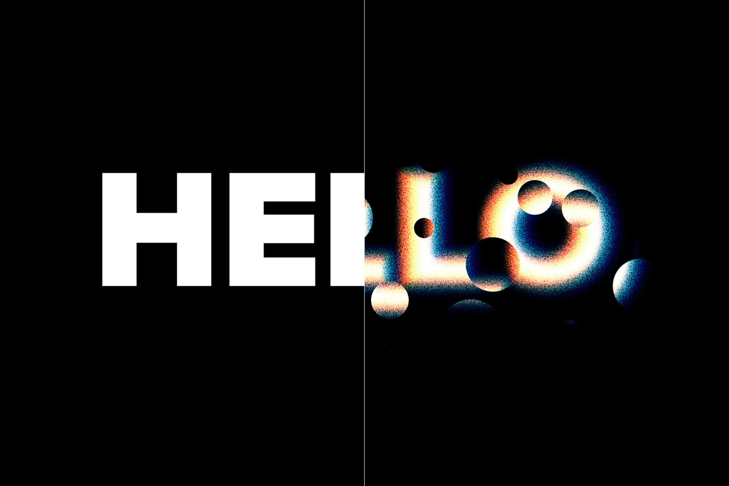 Bold typography design with Hello text in high contrast. Left half in solid white on black, right half in colorful gradient with abstract dots. Ideal for graphics.