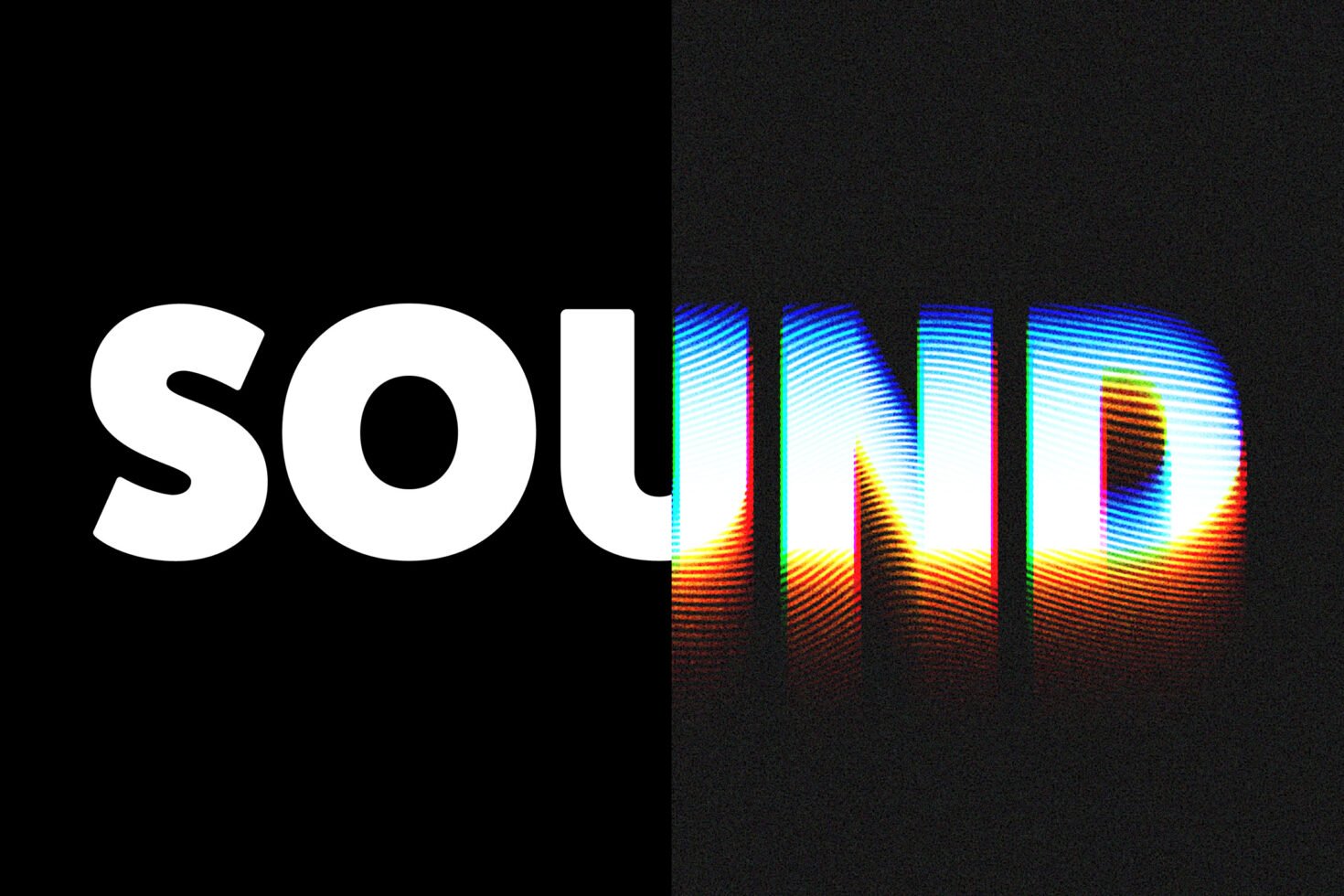 Bold text reading SOUND with a glitch effect on a black background. Half is crisp white, half is colorful glitch, for designers in graphics.