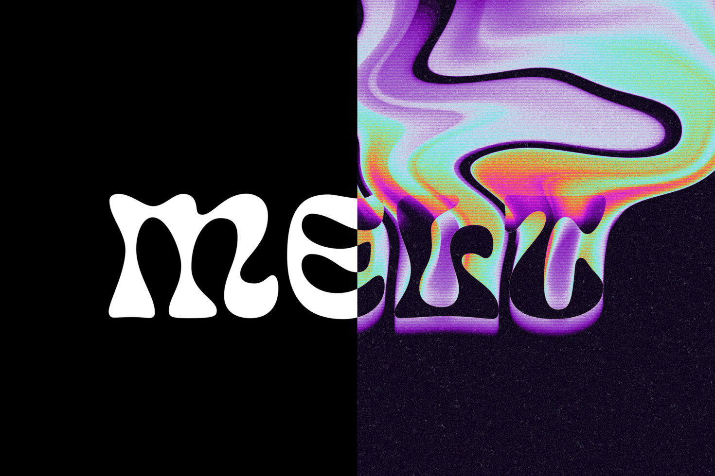 White liquid font on black background morphs into vibrant melting colors. Ideal for psychedelic designs, artistic fonts, creative graphics, templates.