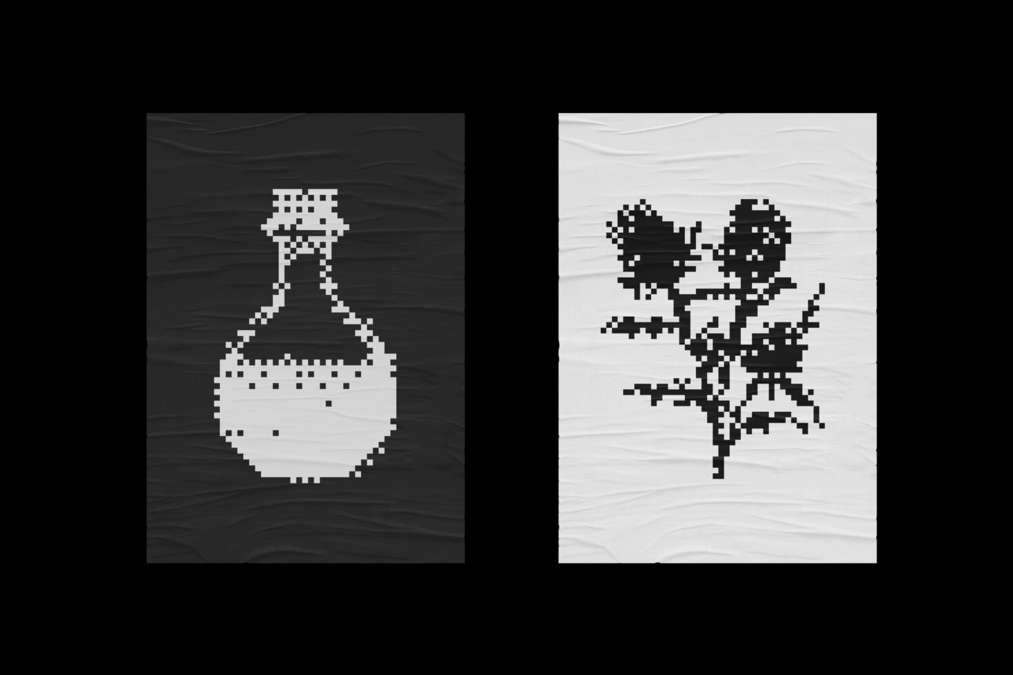 Pixel art graphics featuring a potion bottle and a floral design on textured backgrounds. Perfect for creative design templates and graphic projects.