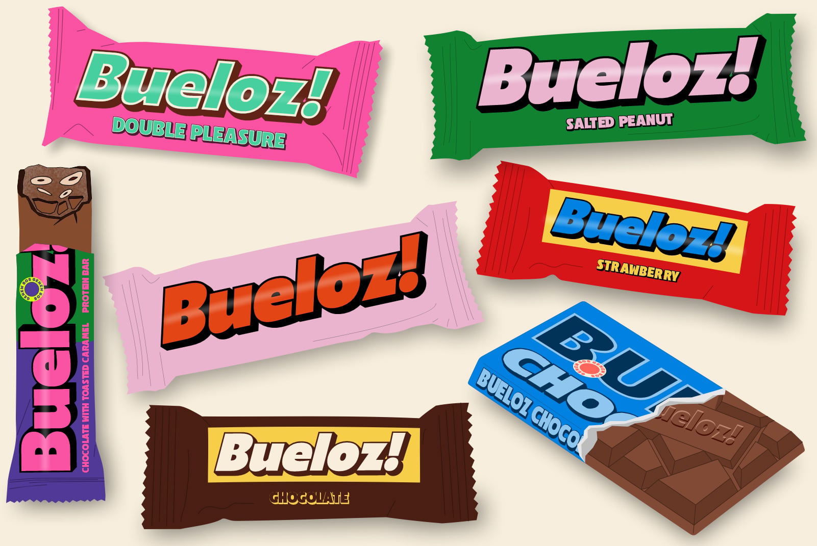 Bueloz candy bar wrapper mockups in various flavors displayed flat lay style