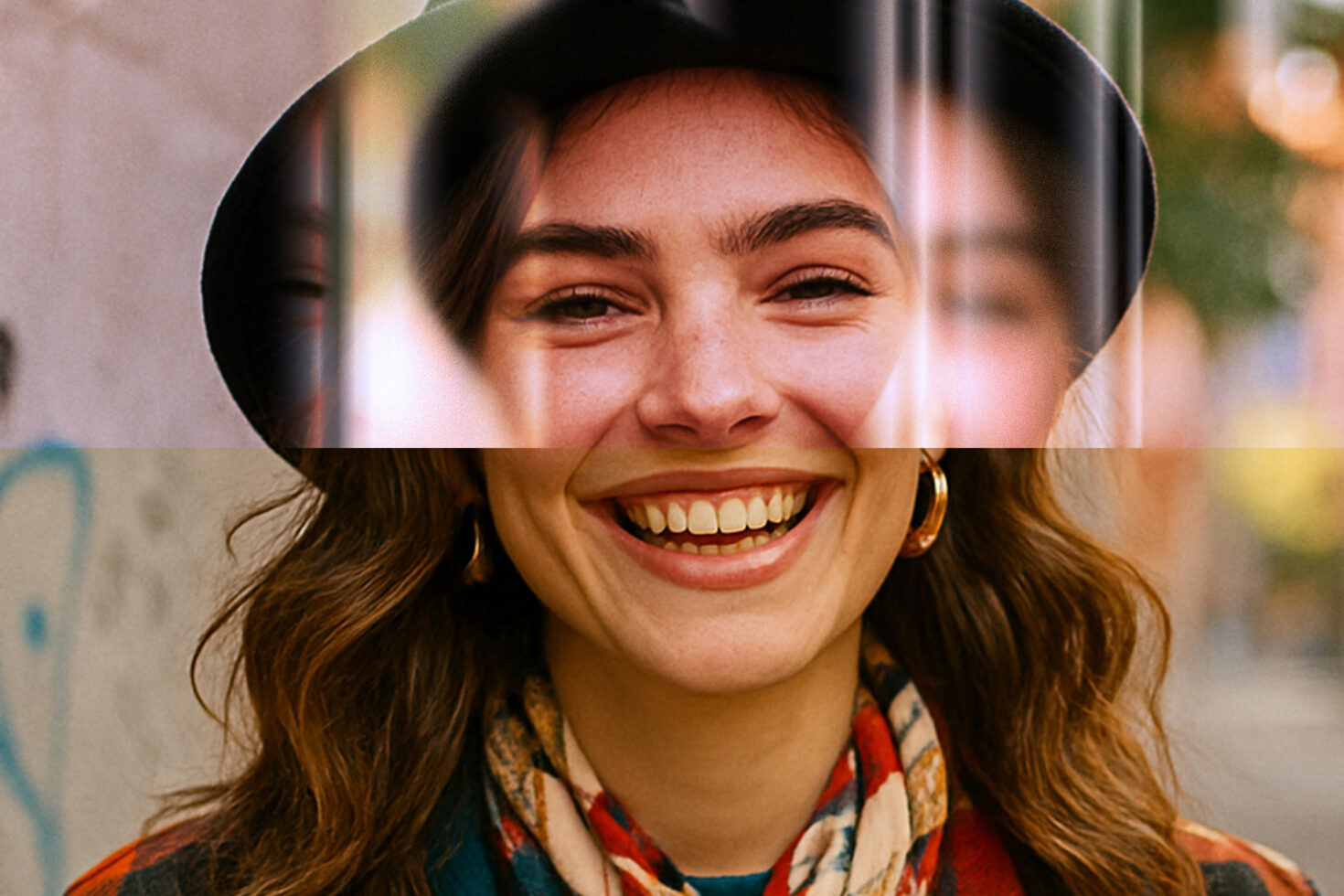 Creative glitch effect portrait of a smiling woman wearing a hat and scarf, abstract digital art suitable for designers. Perfect for graphics projects.