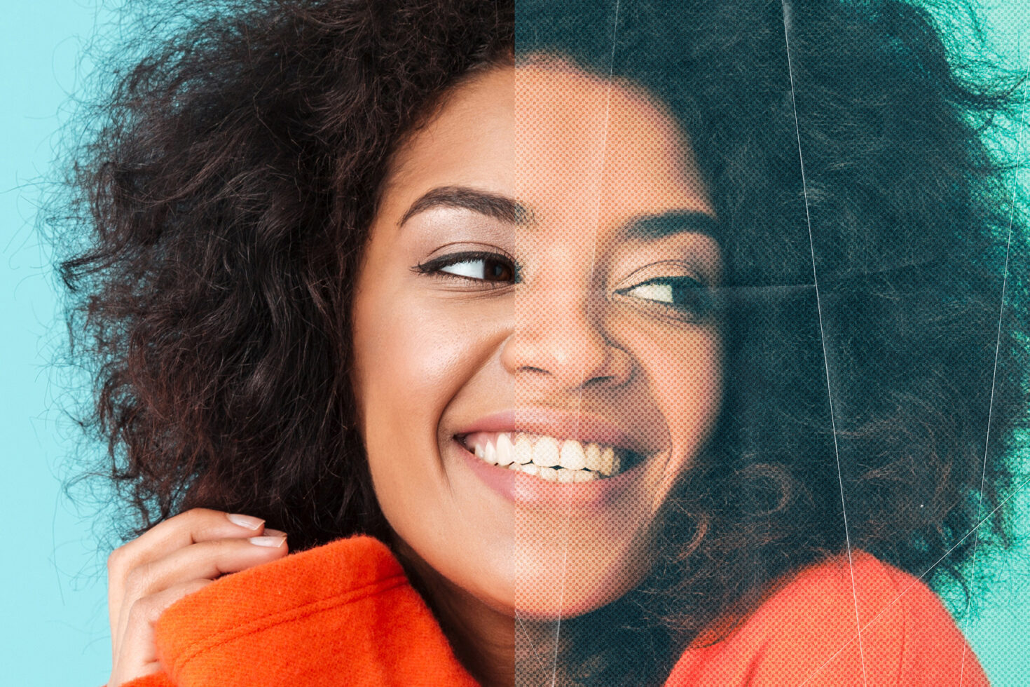 Smiling woman with curly hair wearing orange sweater against blue background textured halftone effect perfect for graphic design mockup digital assets.