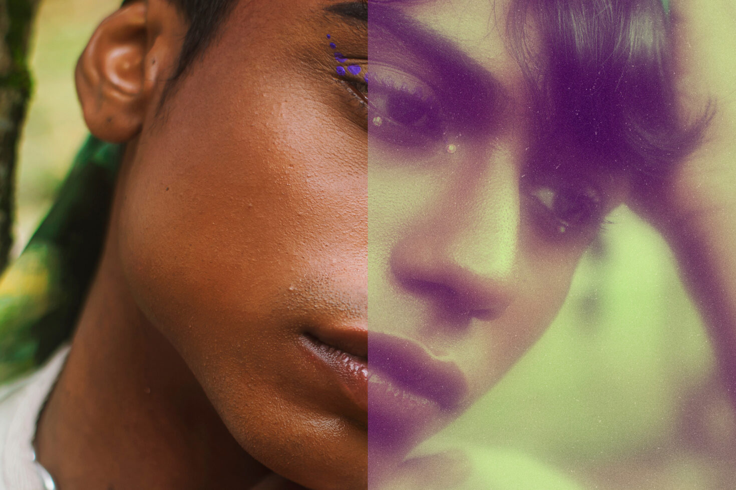 Close-up split portrait showcasing two artistic styles with vibrant colors and vintage filter perfect for graphic designers seeking unique mockup assets.