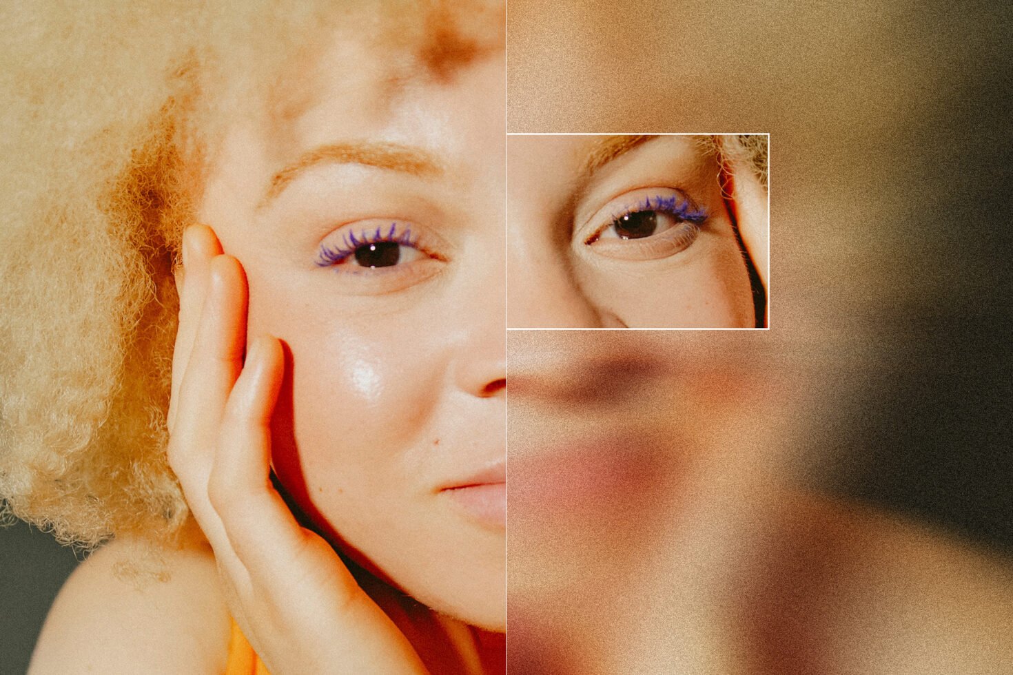 Close-up collage of a person's face with colorful makeup and highlighted eye details. Perfect for graphic design templates or creative photography mockups.