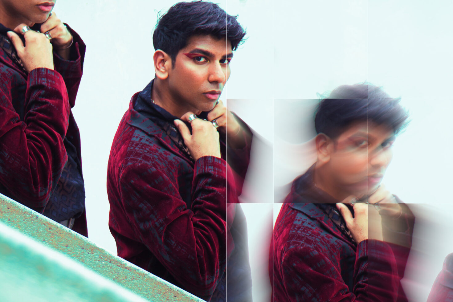 Fashionable man in red velvet jacket with creative makeup captured in an artistic urban setting ideal for graphics templates and designer mockups.