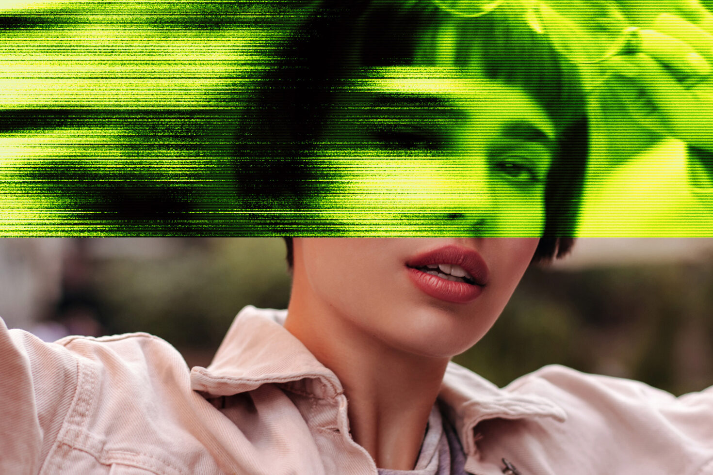 Digital art portrait with green glitch overlay effect on face; ideal for graphics and templates. Use in creative projects for unique visual style.