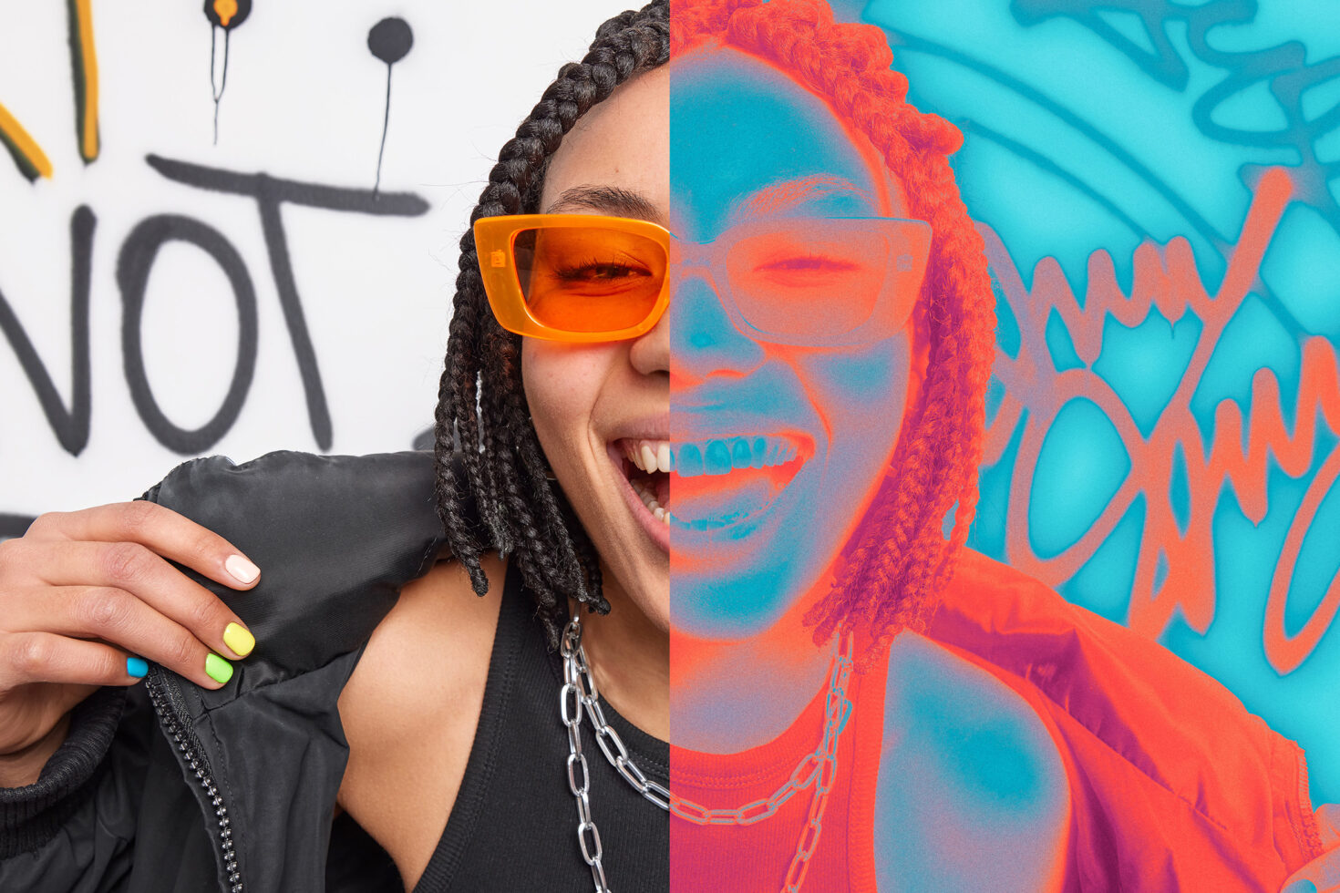 Vibrant photo showing split view of woman in orange glasses, with graffiti background. Half realistic and half neon effect. Keywords: Mockup, Graphics, Design.