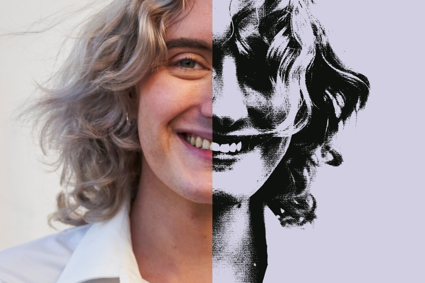 Half-color half-grayscale portrait of a smiling person with curly hair, ideal for graphics, mockups, and design projects. Unique artistic effect.
