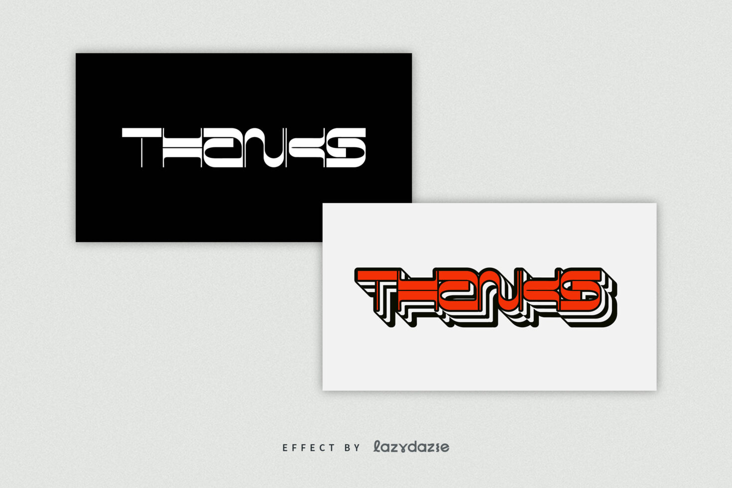 Stylized text saying thanks in bold black and white on one side and layered red and white on the other. Ideal for graphics templates or typography design.