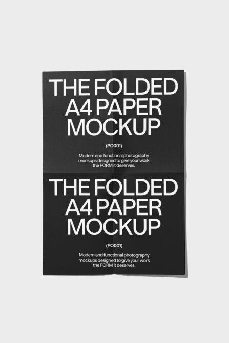 Folded A4 paper mockup template with minimalist design on black background ideal for showcasing graphic layouts poster presentations branding designers