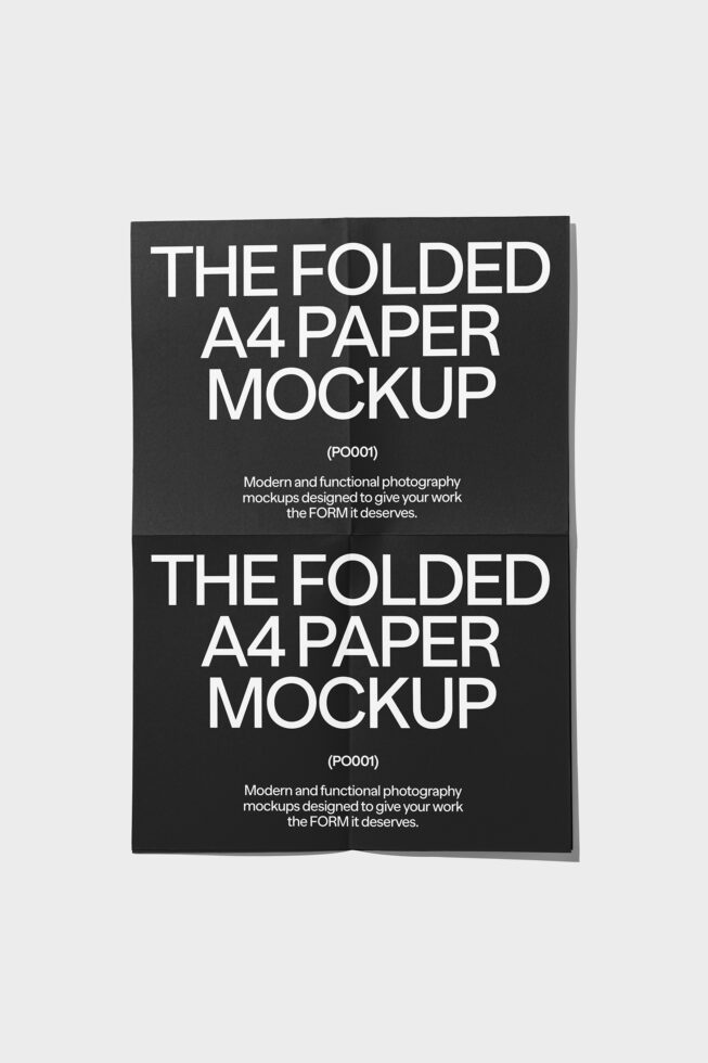 Folded A4 paper mockup template with minimalist design on black background ideal for showcasing graphic layouts poster presentations branding designers