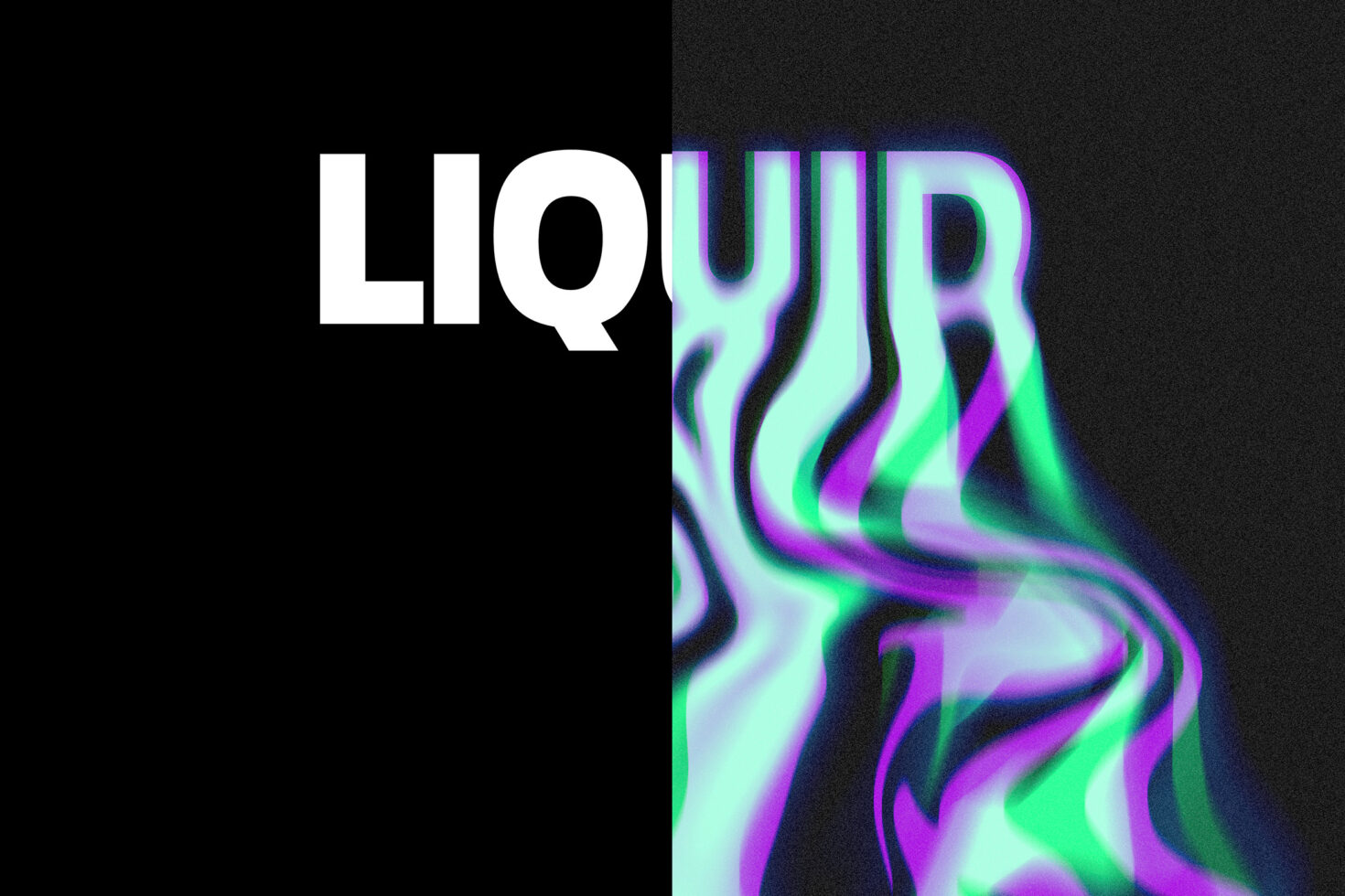Bold text LIQUID with vibrant distorted liquid effect in green purple on black background digital graphics asset ideal for designers visual projects