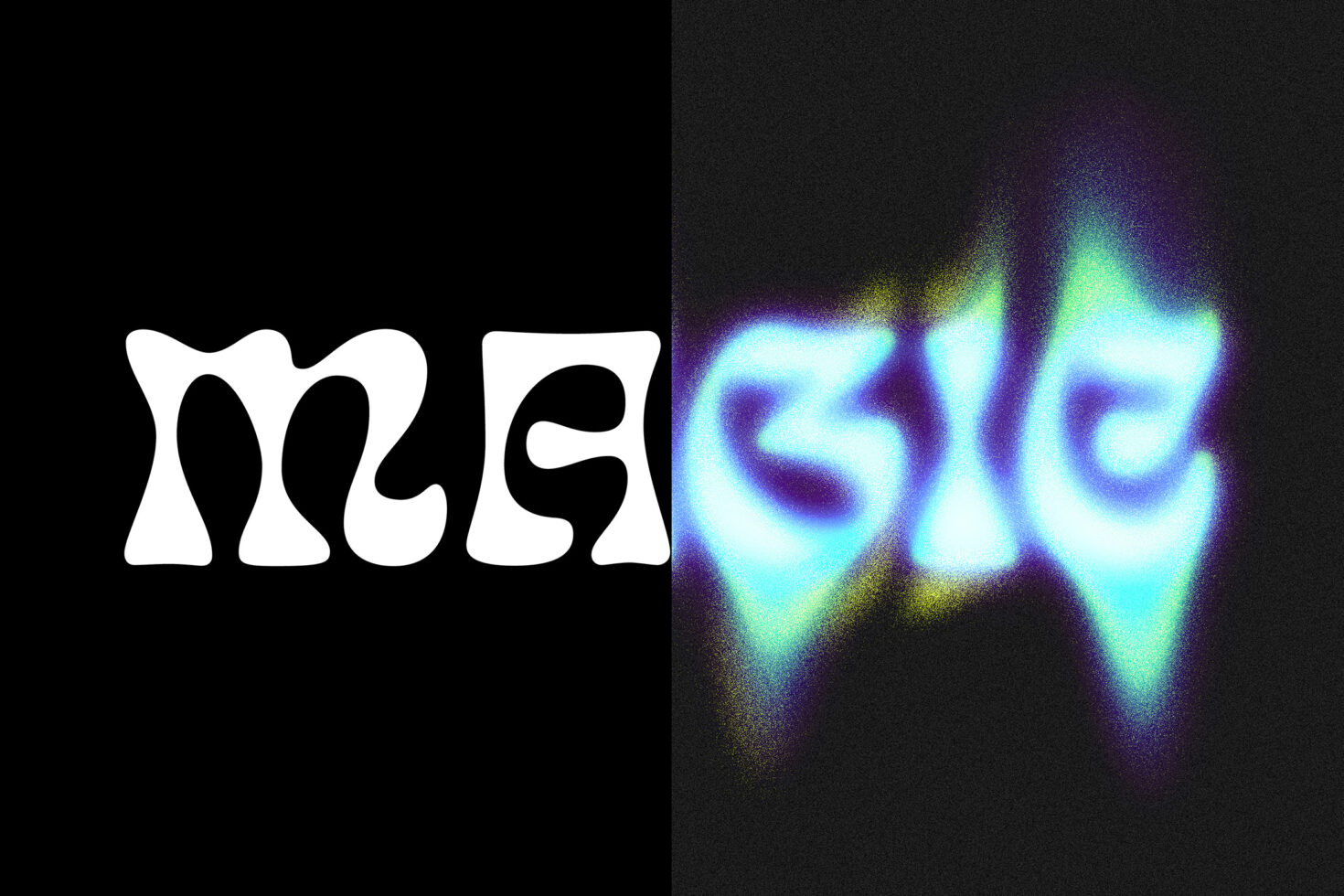 Retro psychedelic magic font design with bold, flowing white text on left contrasted by vibrant blurry neon spectrum on right ideal for graphic templates