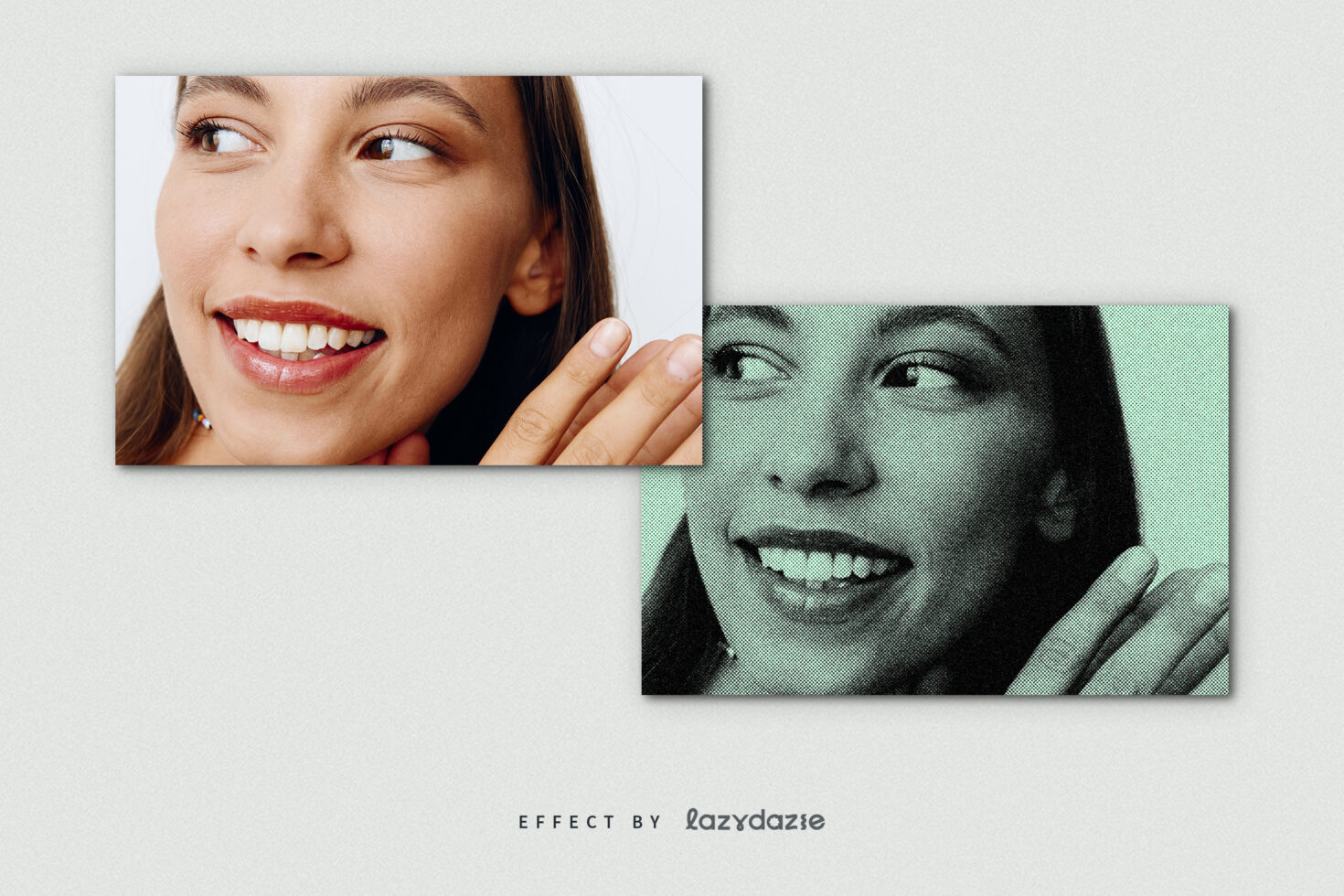 Side by side photos of a woman smiling. One photo is natural, the other has a retro halftone filter. Mockup for design projects. Graphic resources.