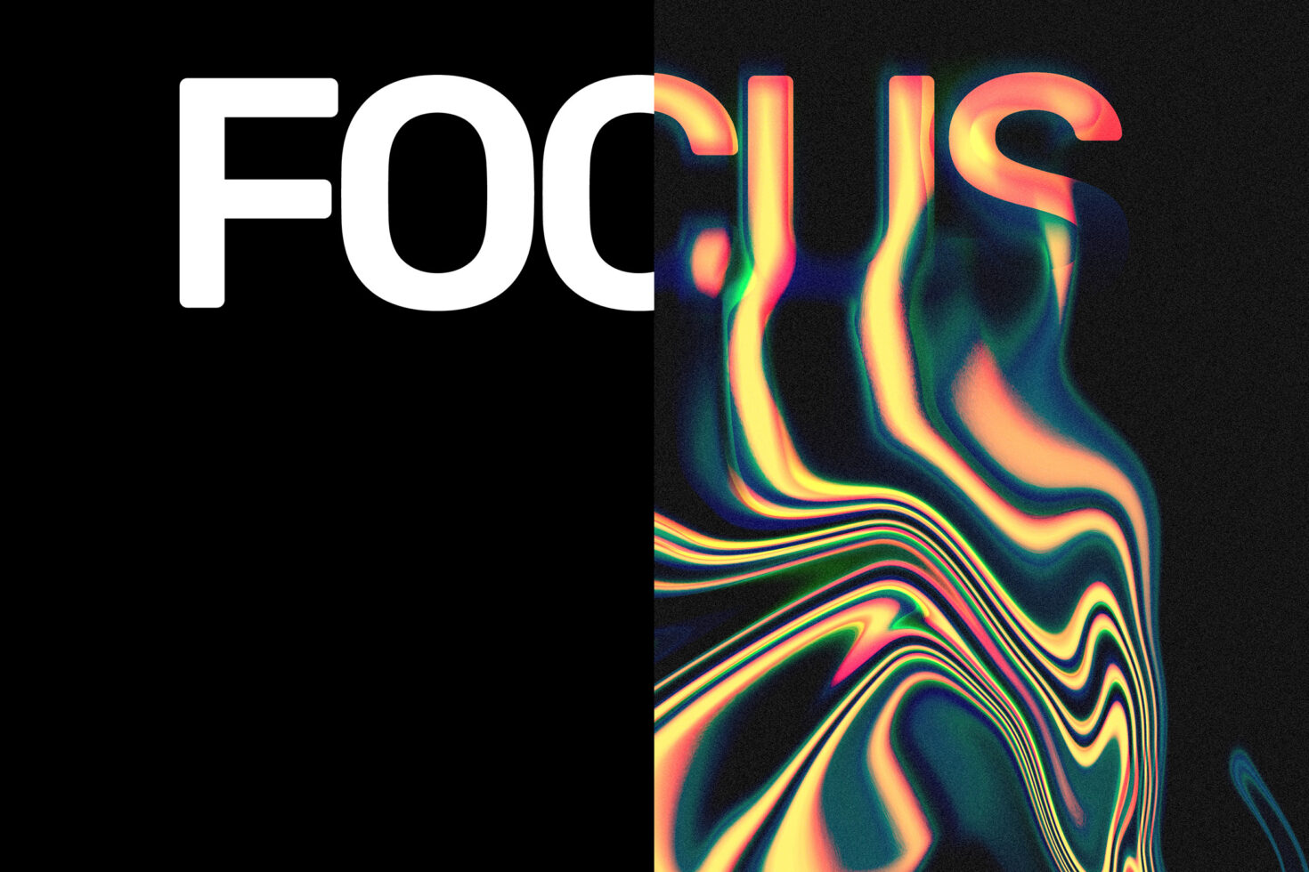 Bold white FOCUS text half merges into a vibrant psychedelic gradient on black background. Perfect for modern graphic design templates.