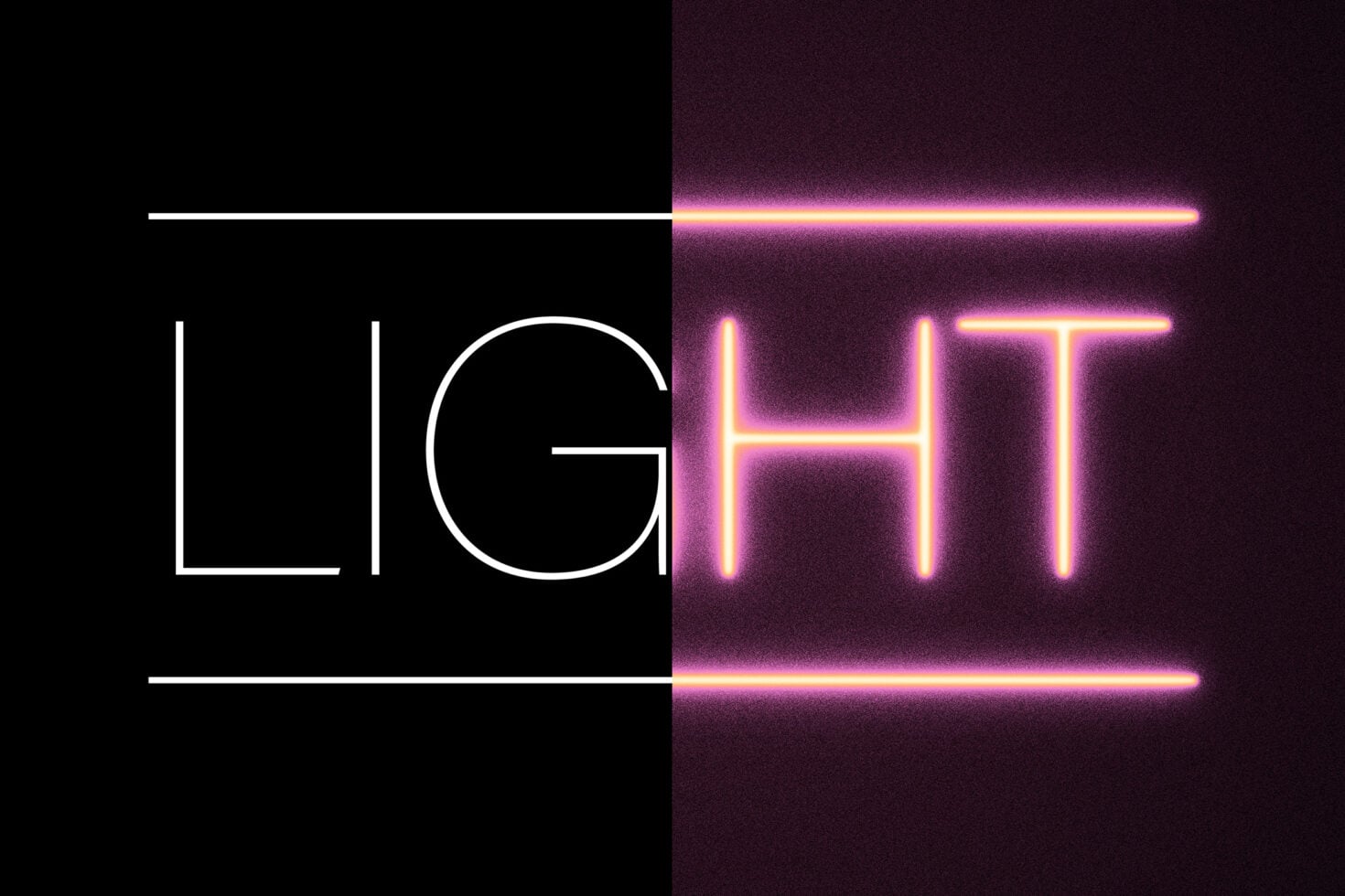 Split screen neon text effect with glowing pink letters on dark background