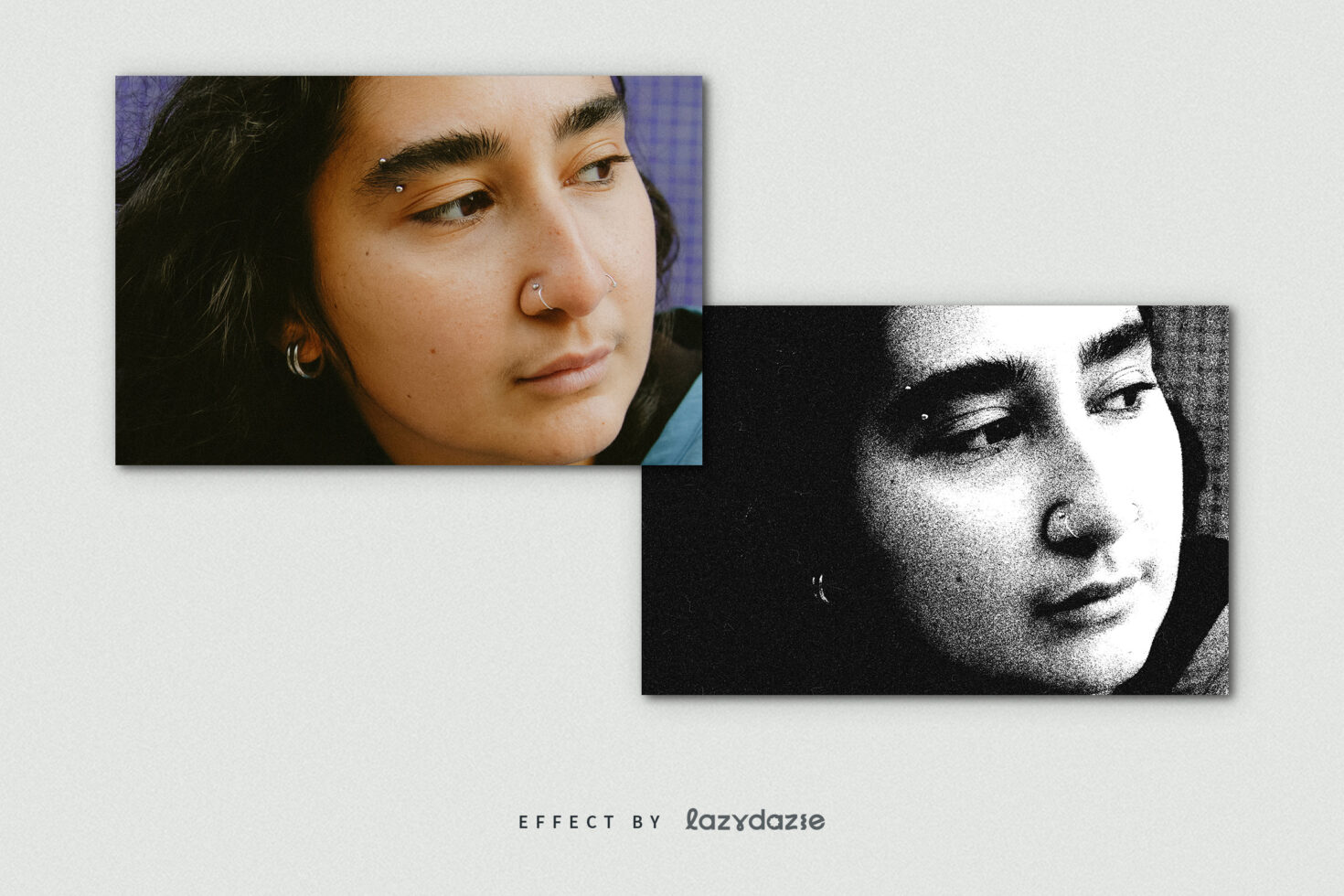 Portrait photo effect mockup featuring two images of a person. One color, one black and white. Ideal for designers seeking creative photography effects.