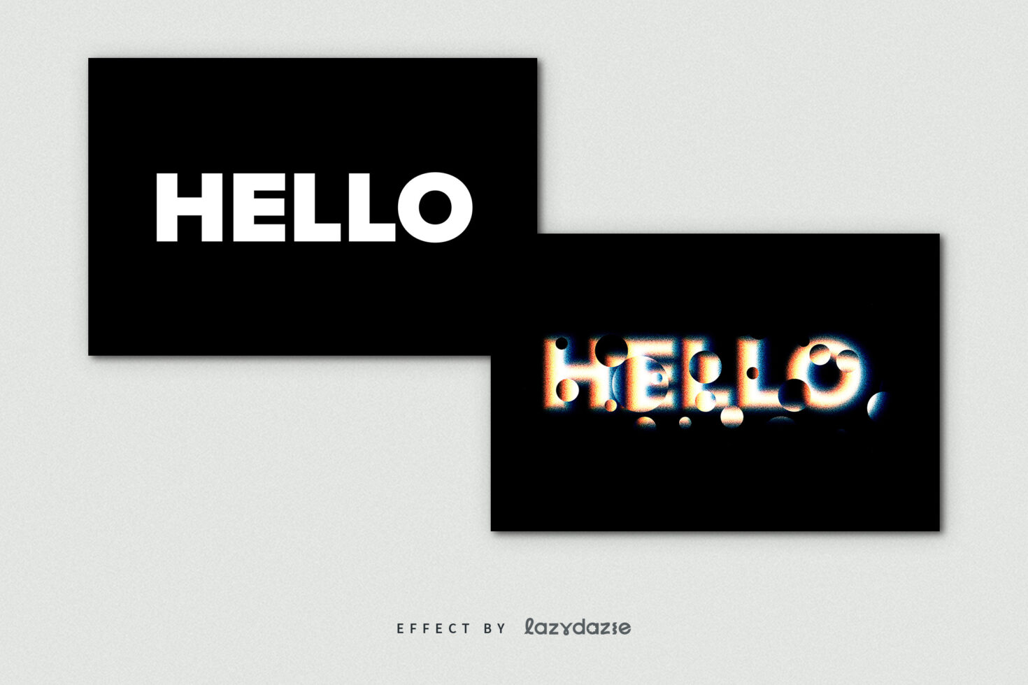 Bold hello text effect featuring a before and after comparison of a unique font style with vibrant glow and dots. Perfect for graphics and templates.
