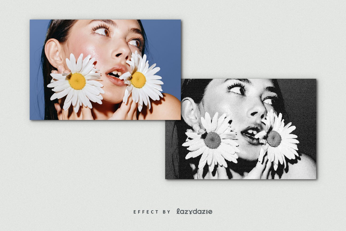 Portrait of a woman with daisies on cheeks in color and halftone black and white effect. Perfect for graphic design and photo editing mockup projects.