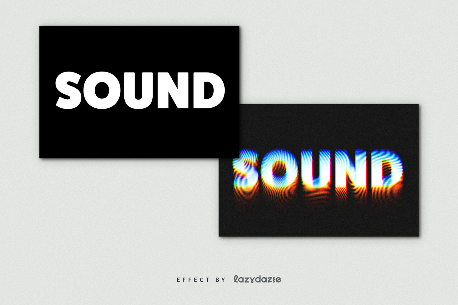 Typography template featuring the word SOUND in bold white font and holographic style. Suitable for graphic design projects and digital art resources.