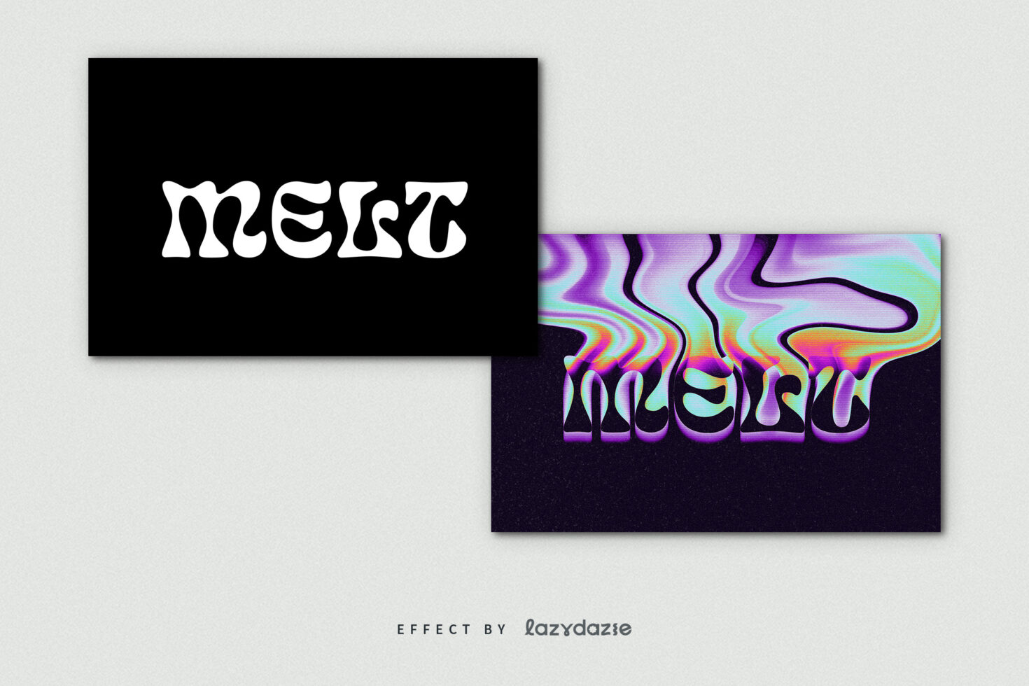 Bold MELT text effect with psychedelic, vibrant colors and melting distortion on black background; ideal for graphic design, templates, typography projects.