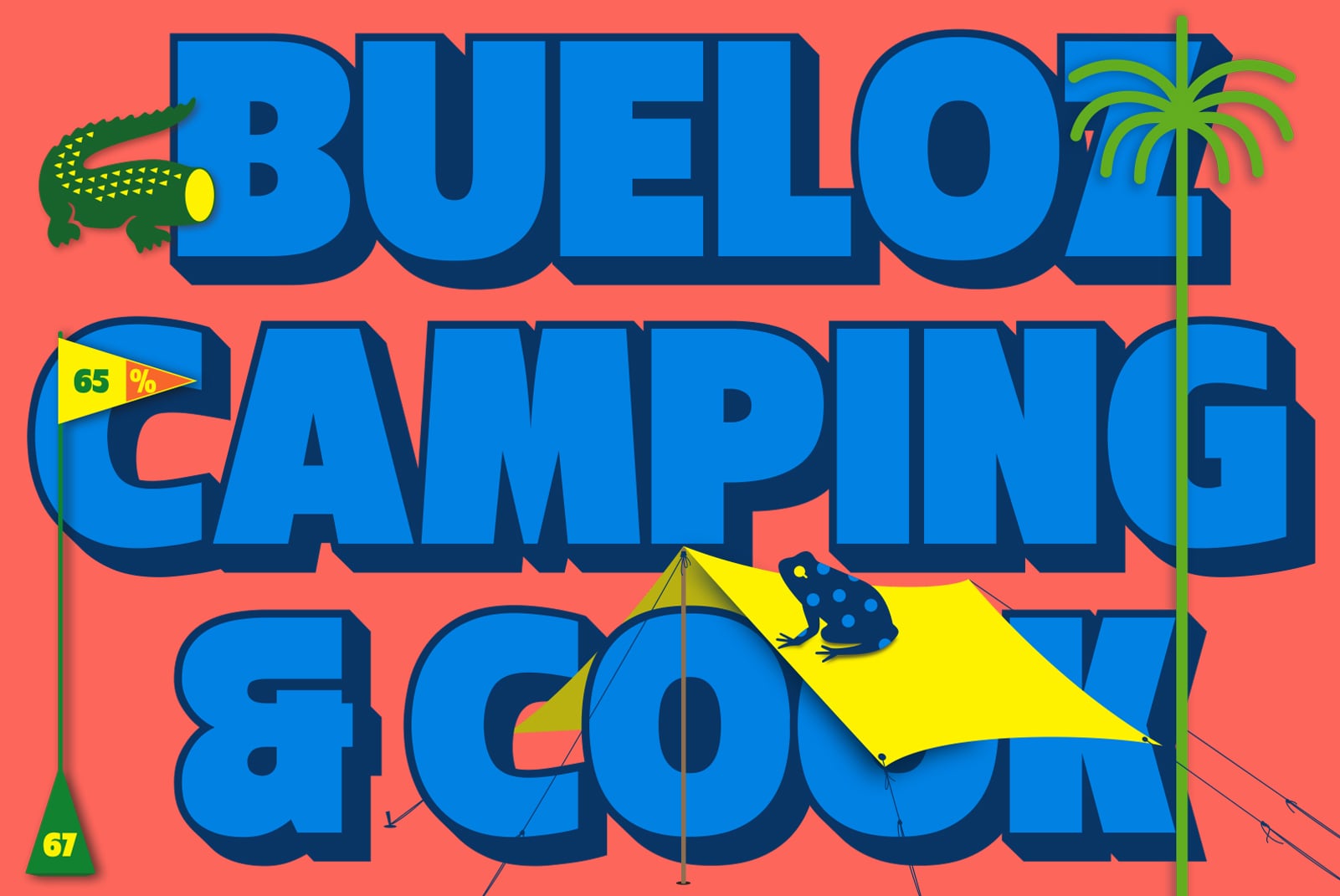 Colorful retro beach camping poster with bold blue text, crocodile, palm tree
