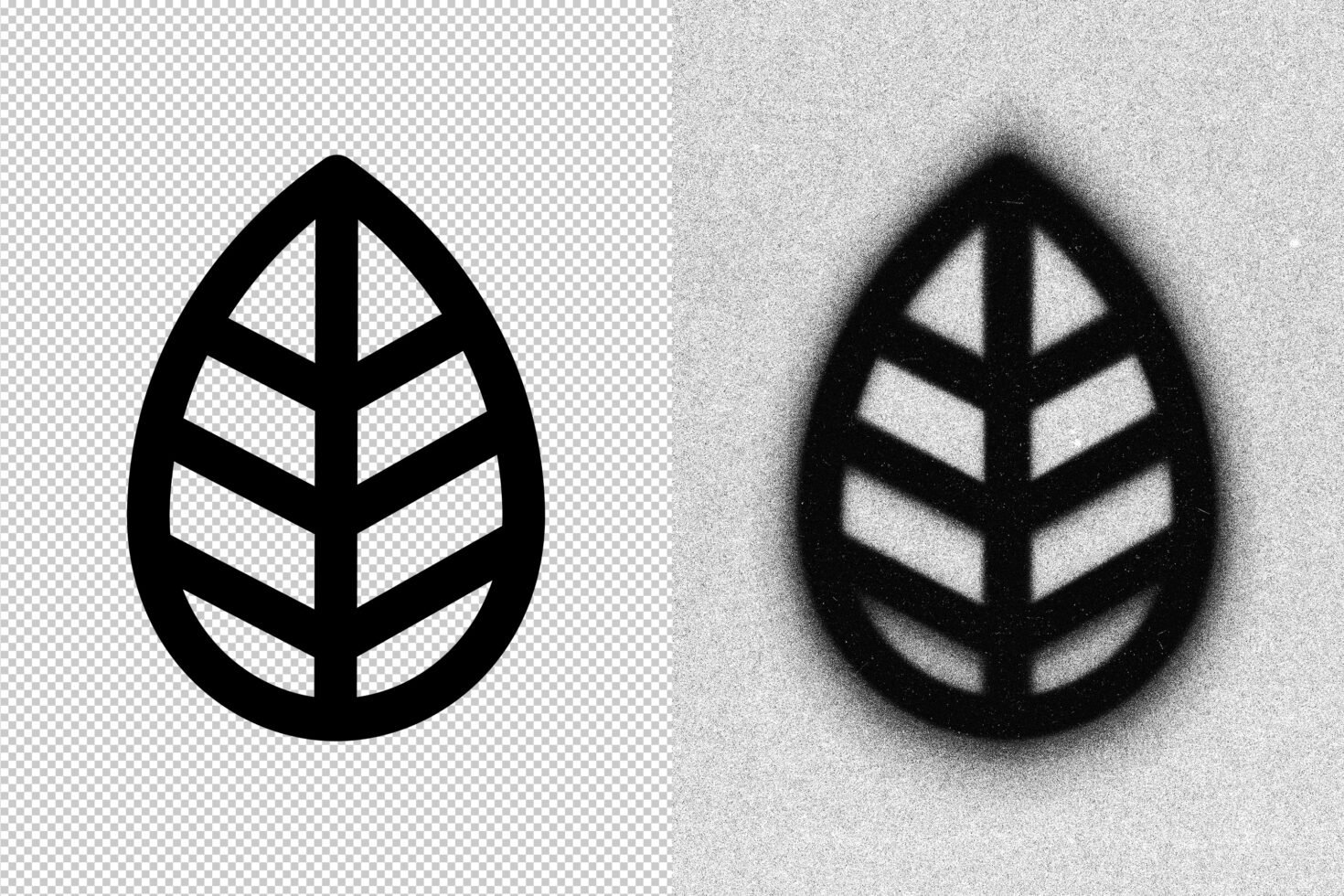 Black leaf logo design on split textured background, half transparent PNG and half grainy stencil look. Suitable for graphic design templates, mockups.