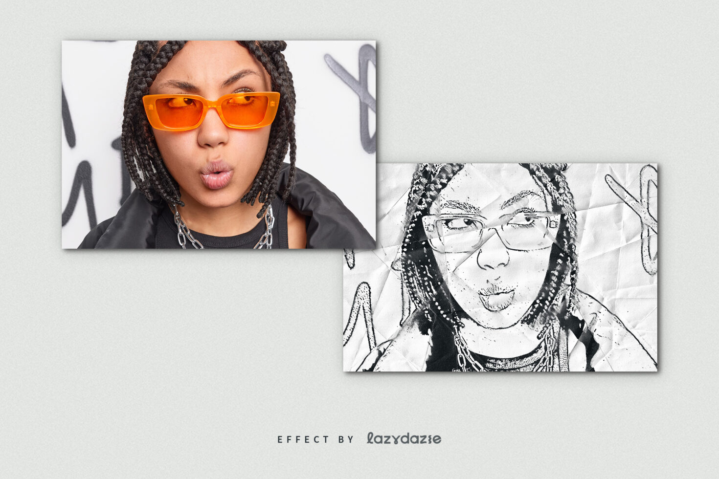 Digital assets mockup showcasing a photo-to-sketch effect on a young woman with orange glasses and braids. Suitable for graphic design projects.