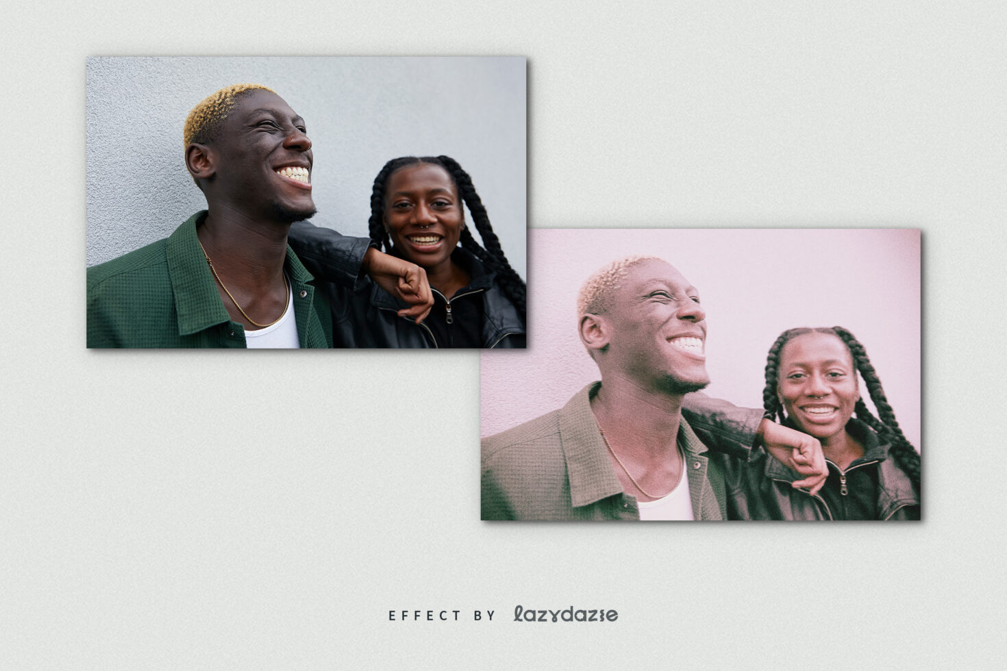 Side-by-side photo effects mockup featuring two smiling people against a textured wall perfect for showcasing design templates and graphic projects.