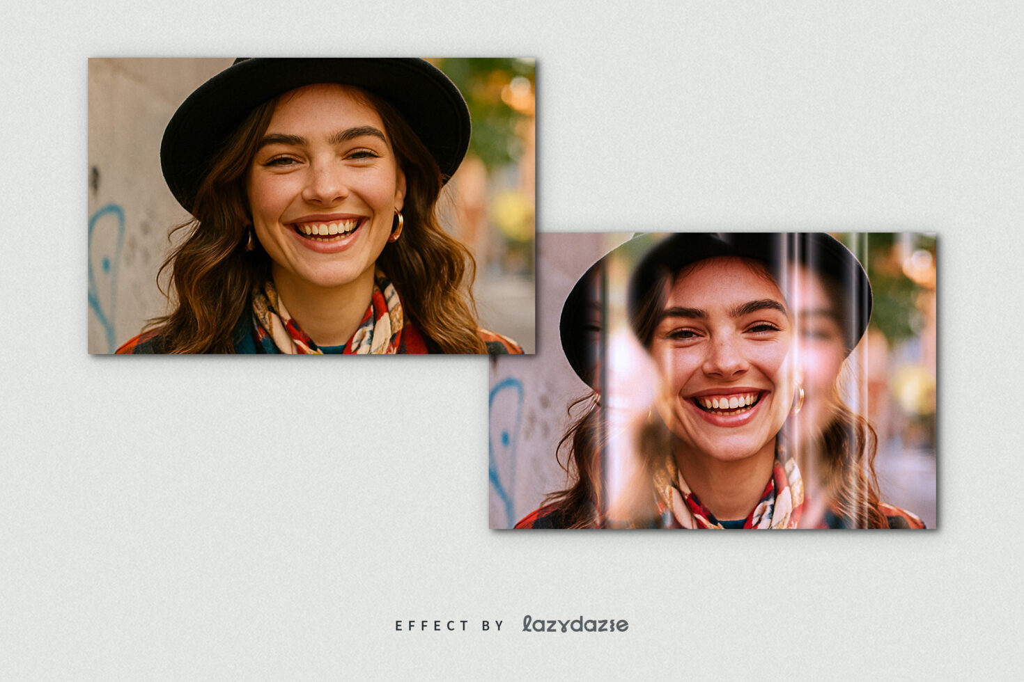 Portrait photo effect mockup featuring a smiling woman in a hat. Double exposure style enhances visual appeal for designers' creative projects.