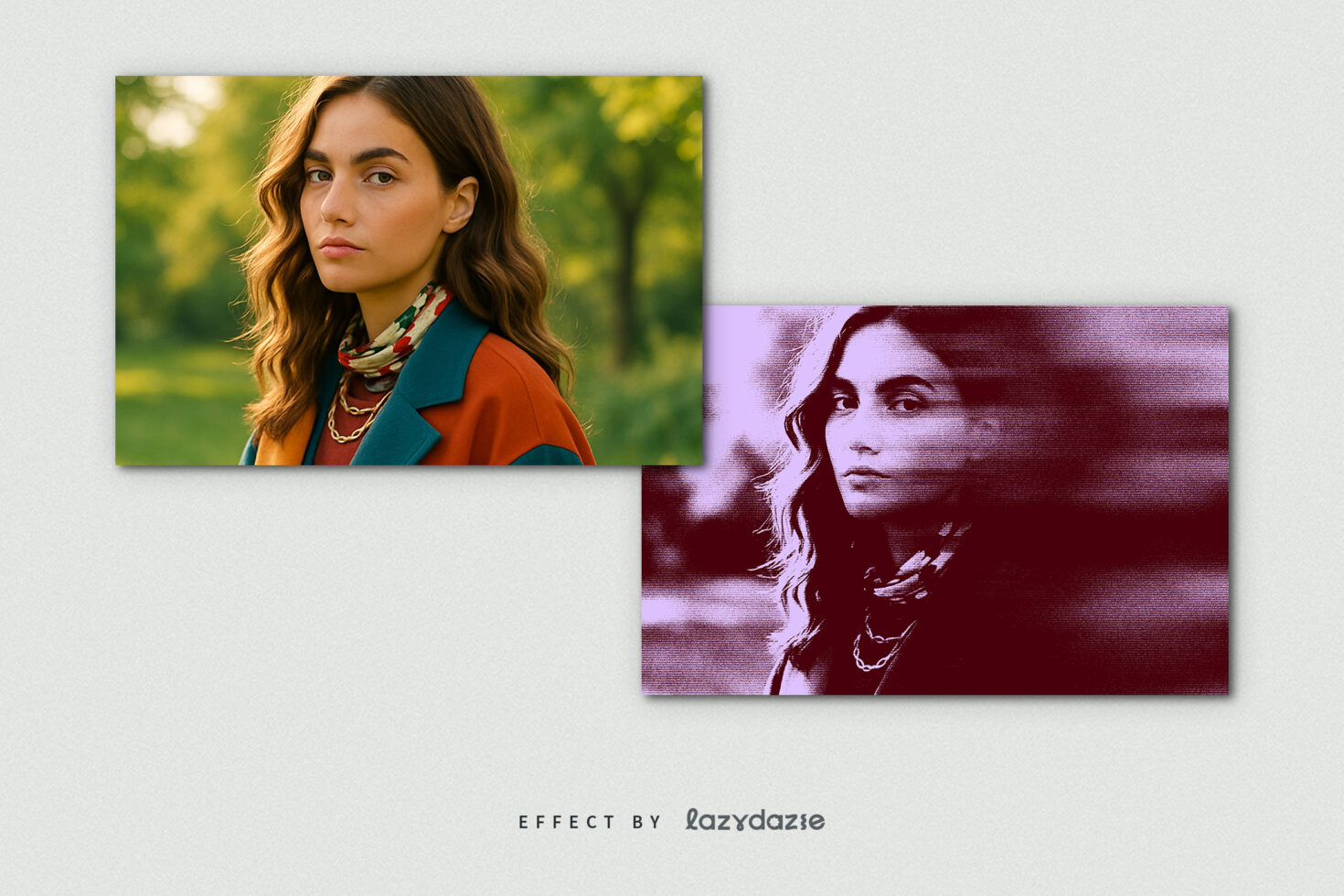 Female portrait with vintage photo effect. Image on outdoor background showcases design mockup with retro filter perfect for creative graphic projects.