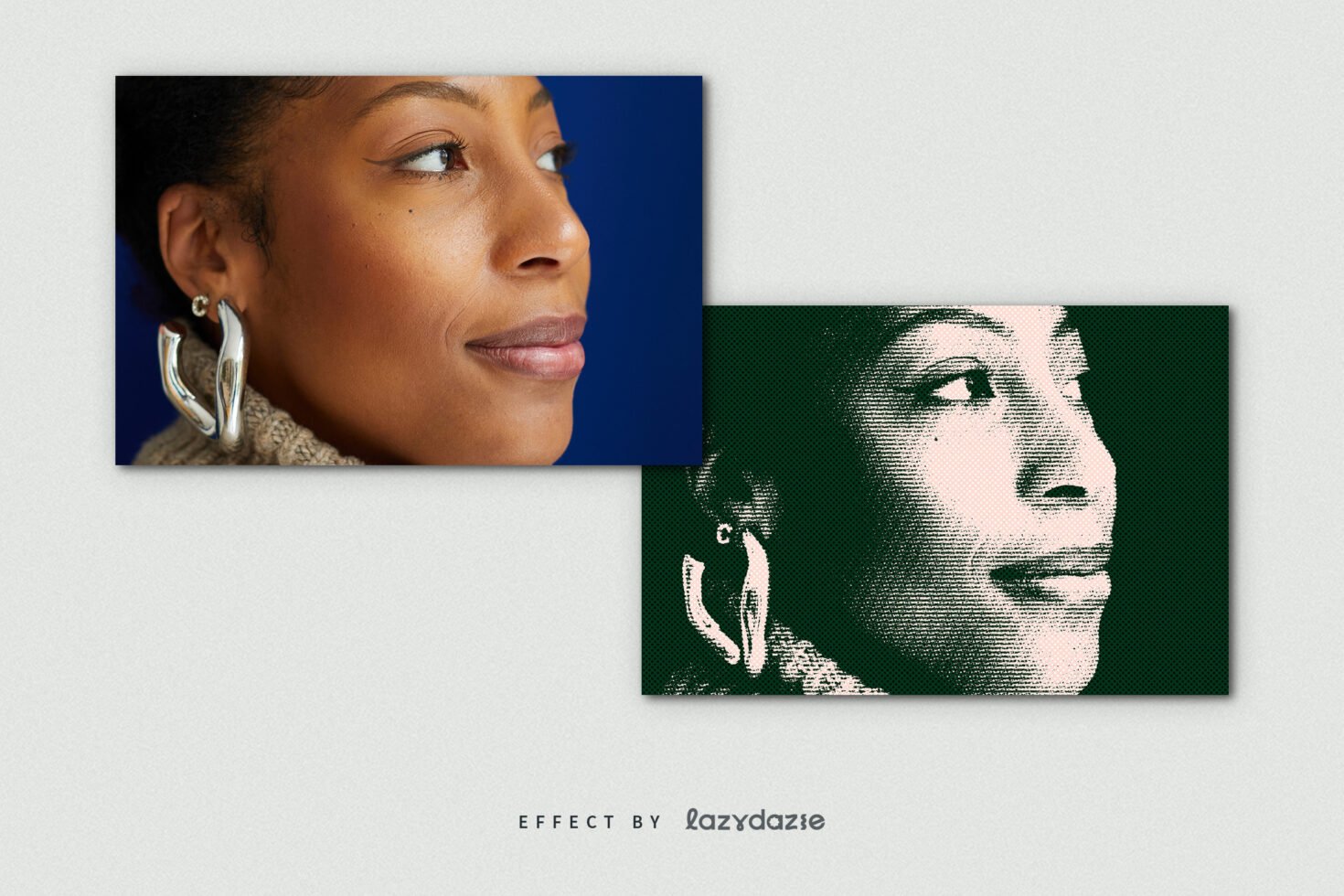 Side profile of a woman with hoop earrings shown in photo and halftone graphic effect suitable for design templates and photo editing.