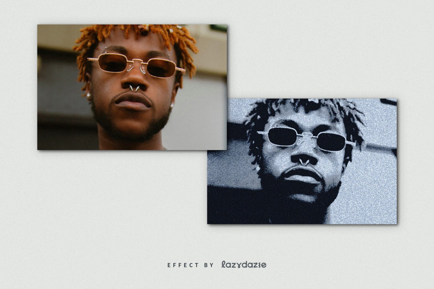 Side-by-side photo and graphic effect showcasing portrait transformation, ideal for design mockups, templates, digital asset marketplace, creative use.