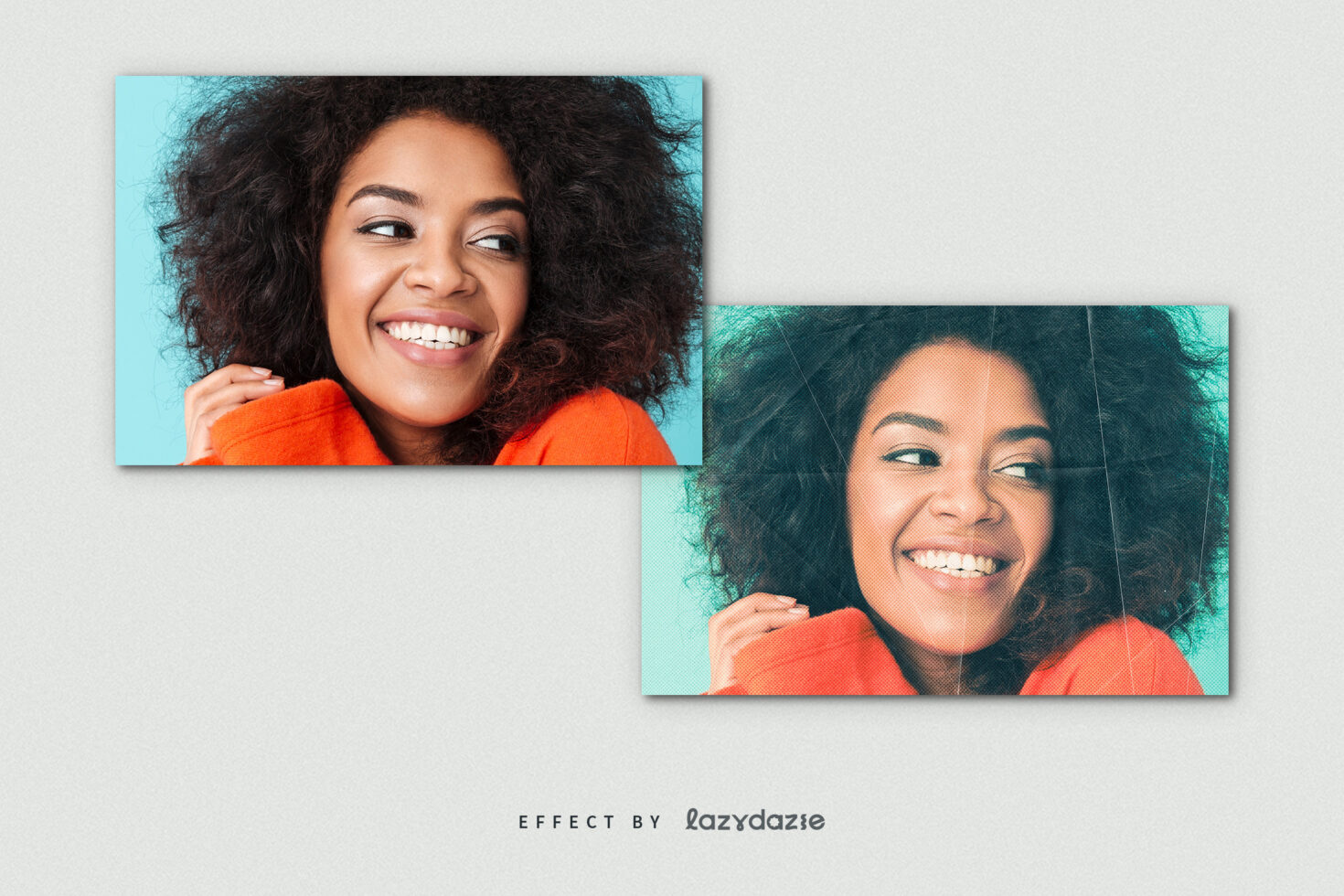Photo effect mockup showcasing a smiling woman in an orange sweater with curly hair against a blue background SEO keywords mockups graphics templates