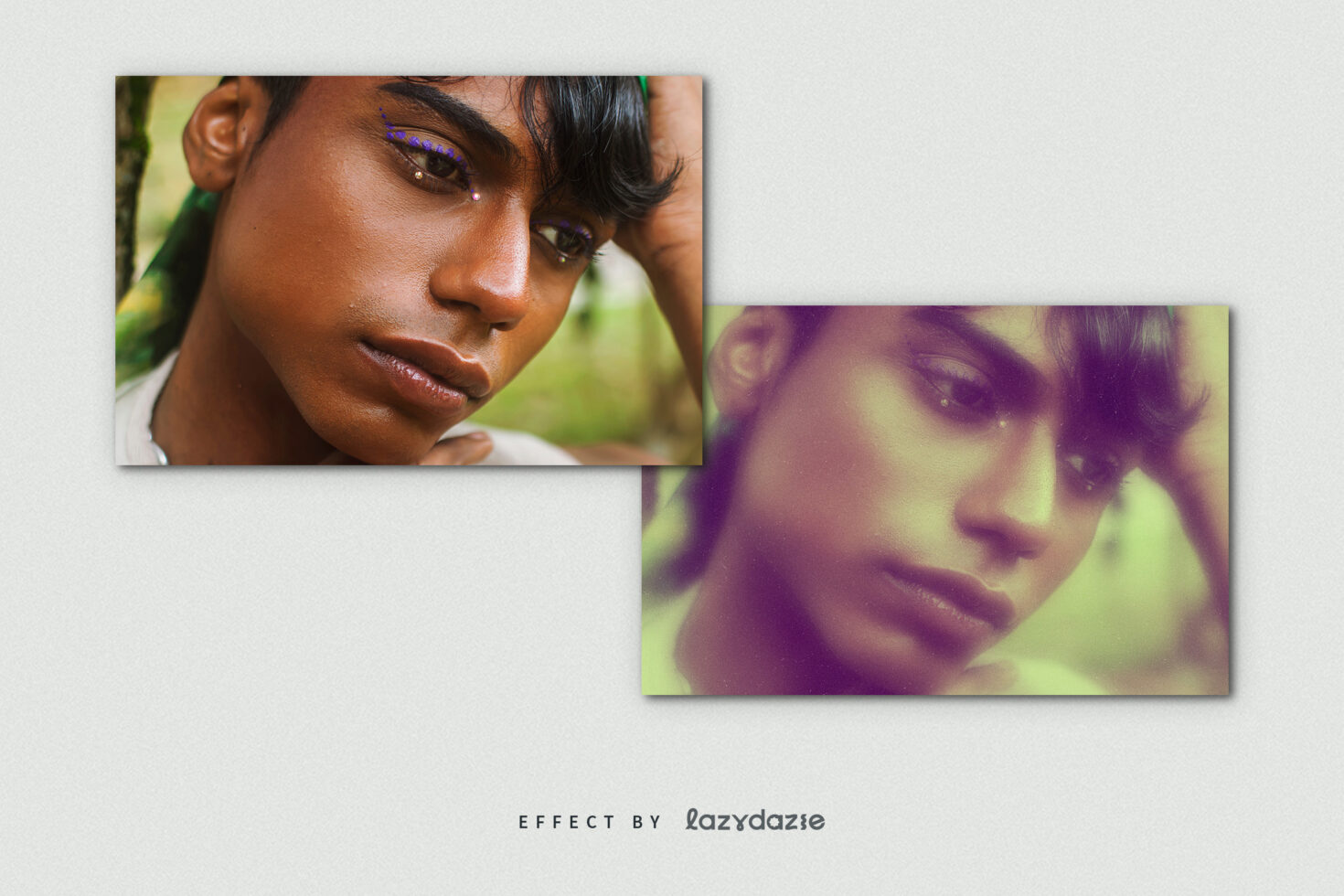 Two portraits of a person with vibrant makeup and retro color effect. Ideal for design mockups photo effects graphic resources for digital art projects.