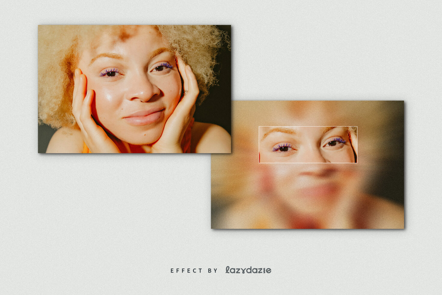 Portrait photo effect template featuring a close-up of a smiling person with curly hair. Perfect for designers seeking creative graphic assets.