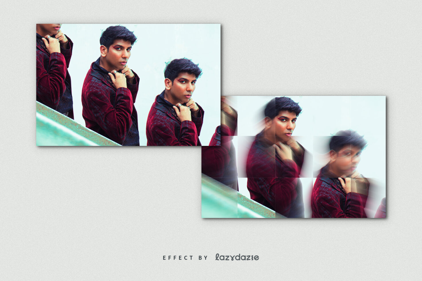 Blur motion effect photo mockup showcasing a person in a red velvet jacket. Ideal for designers seeking unique visual assets for creative projects.