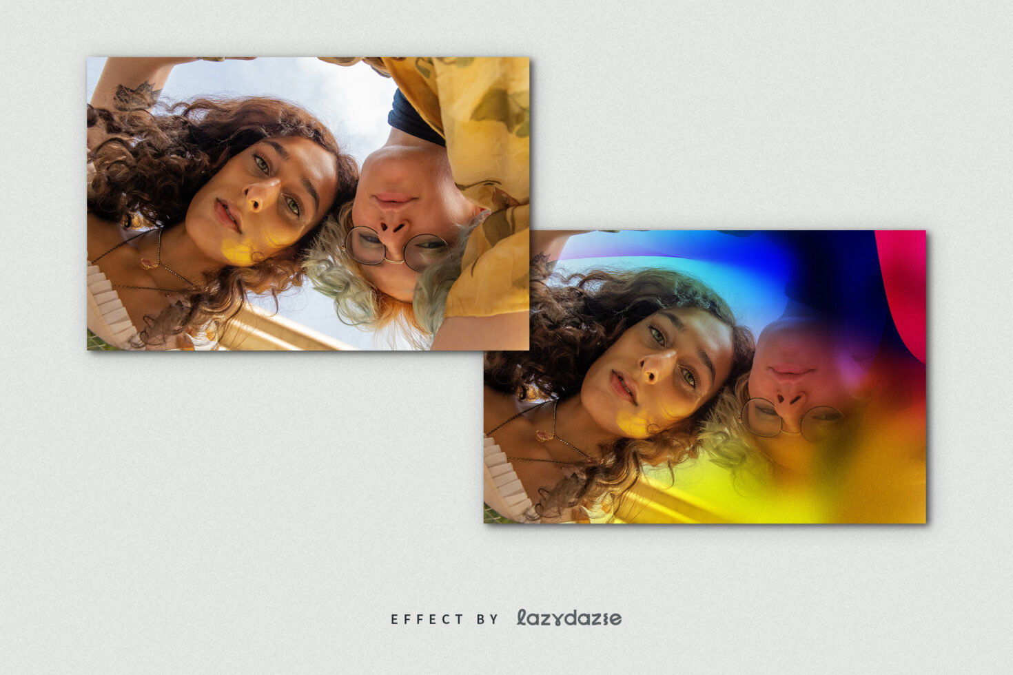 Two people looking down, image showcased in colorful gradient effect, suitable for use in templates and graphic design projects, mockup background.