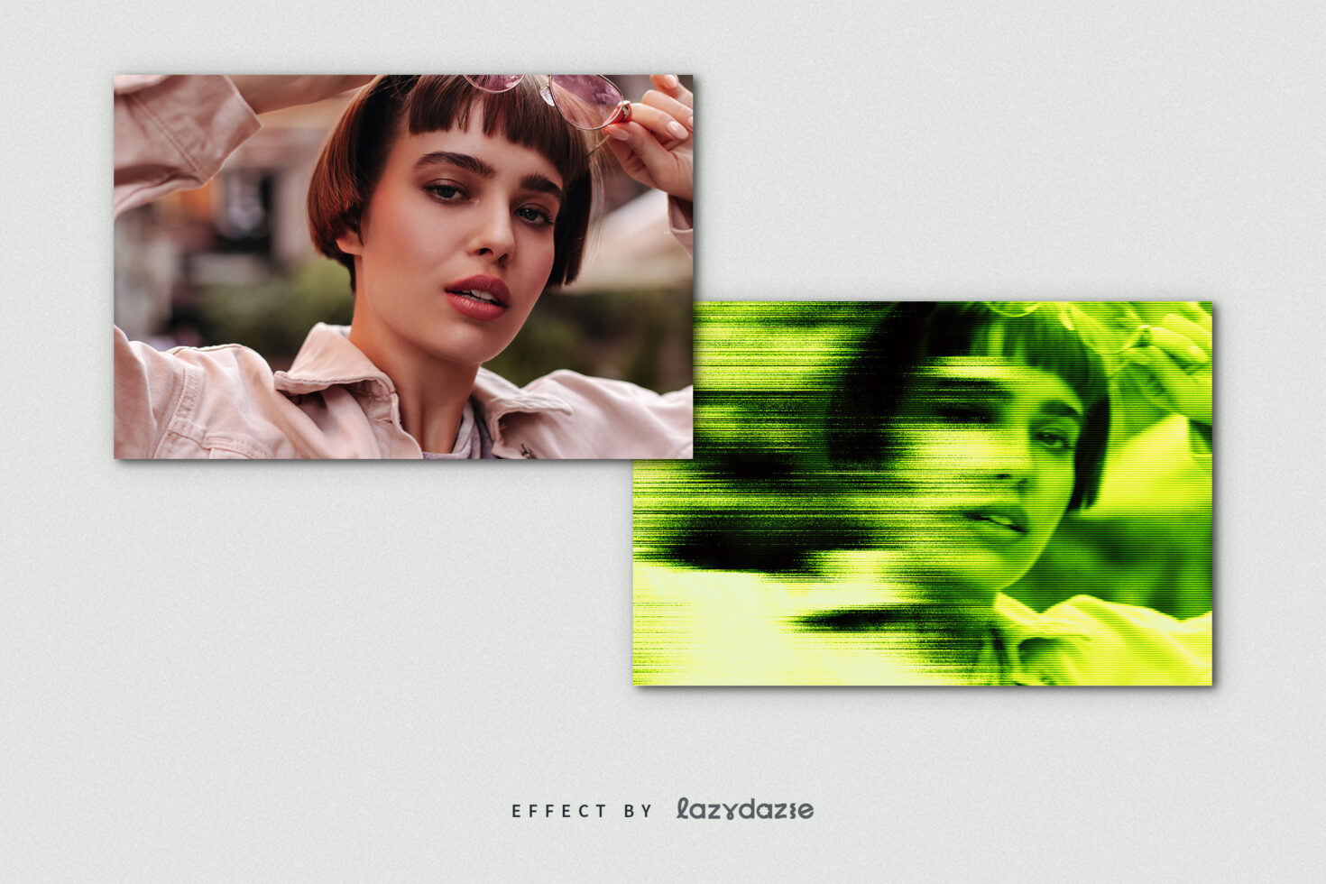 Photo effect template showcasing a woman in two styles normal and digital glitch. Perfect for graphic designers looking for creative mockup designs.