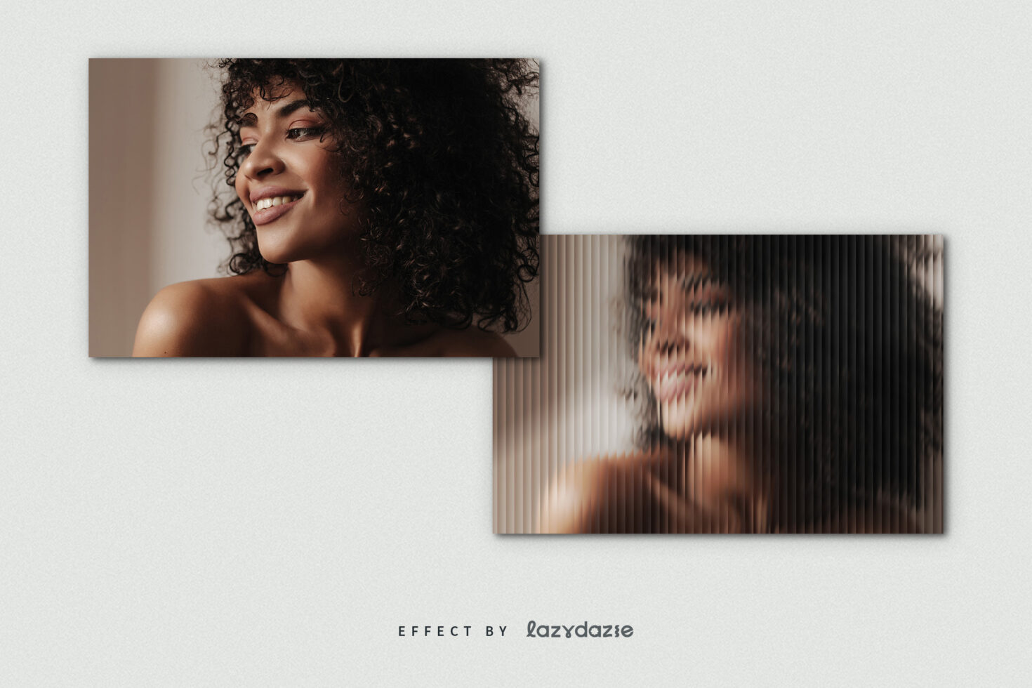 Photo effect template showing a woman with curly hair smiling. Digital mockup for designers to apply trending effects. Perfect for graphic design projects.