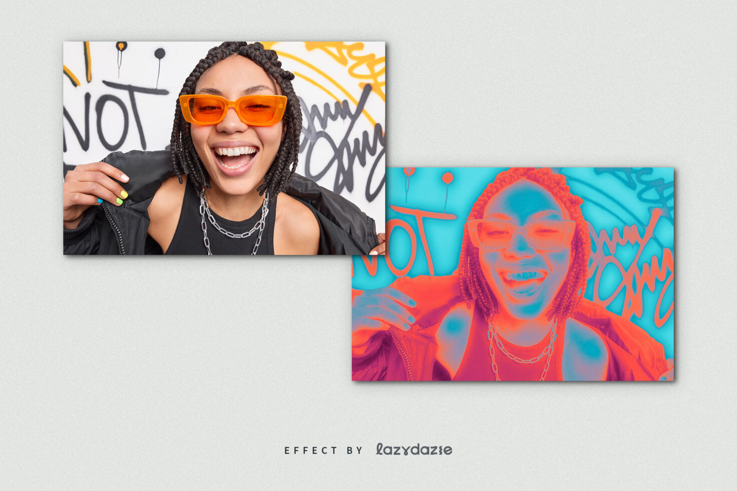 Colorful photo effect template showing a woman in orange sunglasses, perfect for graphic designers. Includes original and vibrant neon effect versions.