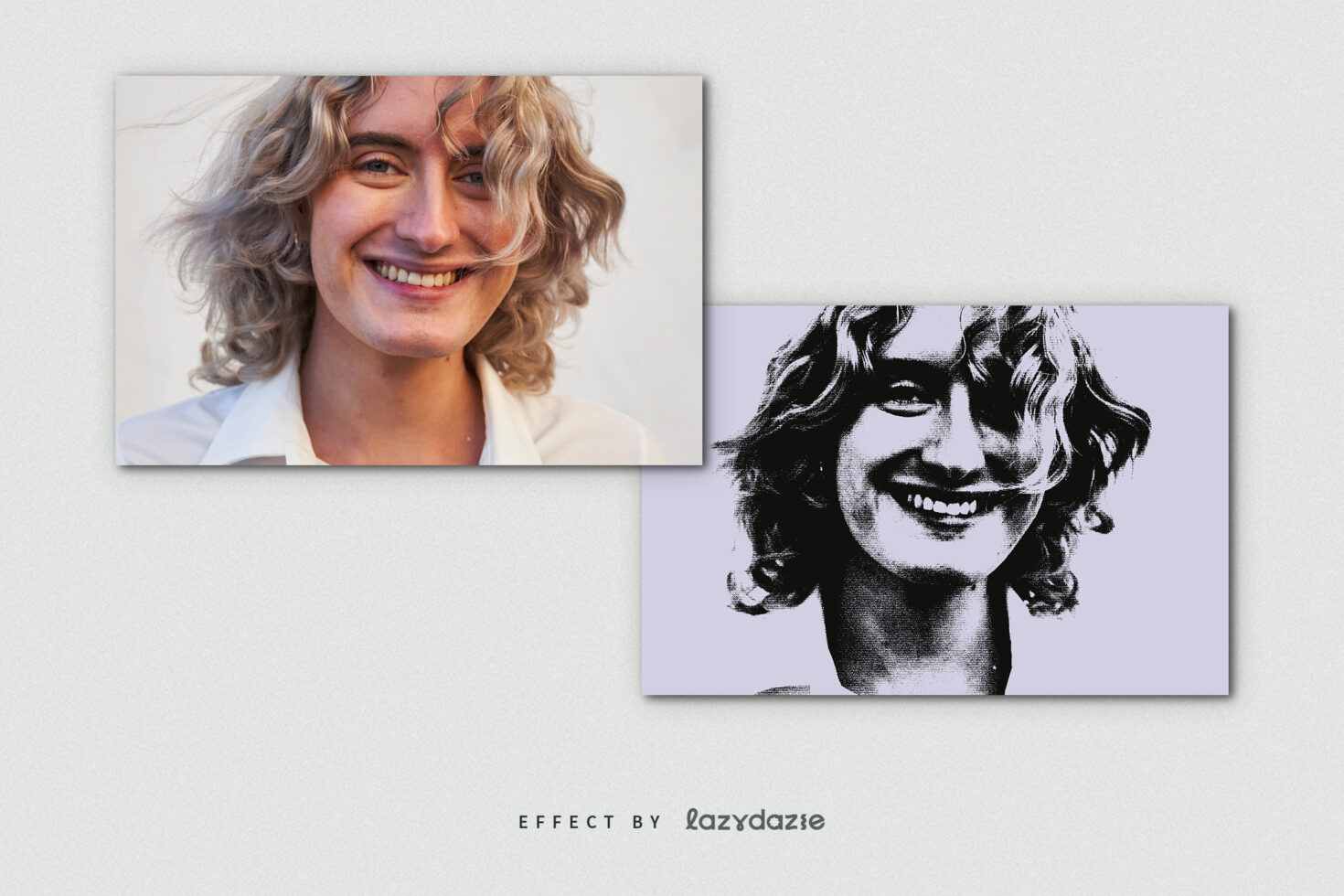 Side-by-side photo effect of a smiling person with curly hair in color and halftone filter. Ideal for designers seeking creative photo mockups and templates.