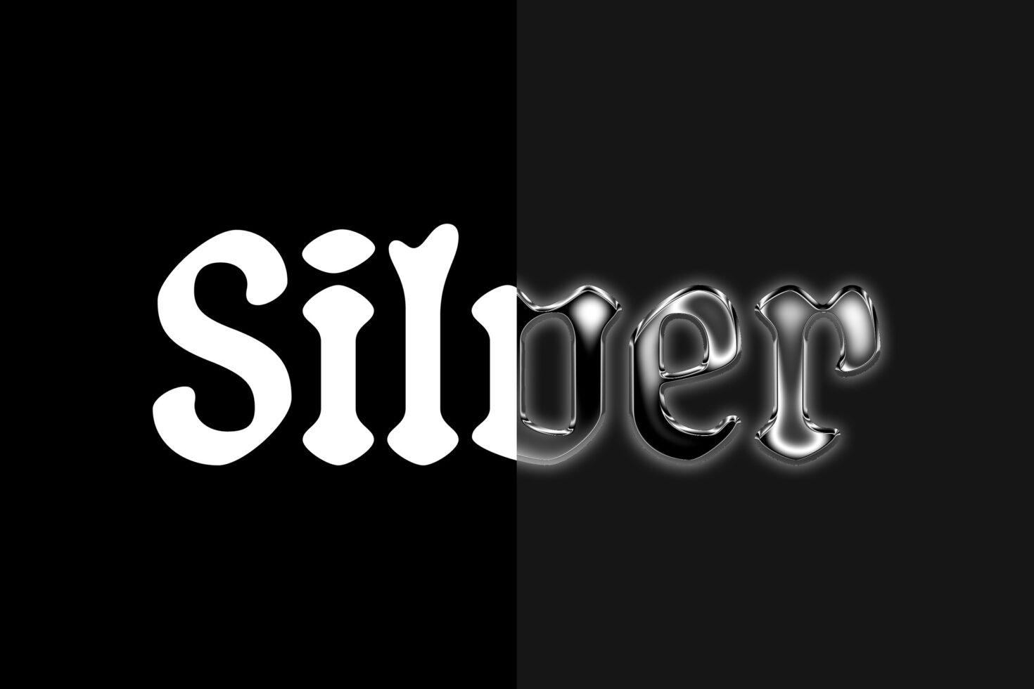 Bold text art with contrast design showing the word Silver in two styles: white smooth font and metallic chrome effect for graphic designers and typography fans.