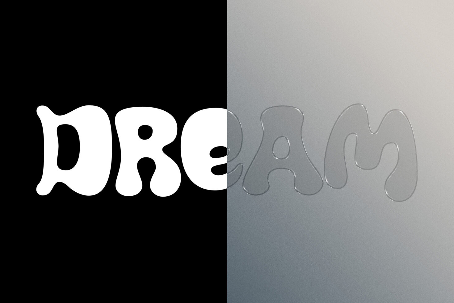 Split screen white bold text fading to embossed wavy outline on gray metallic