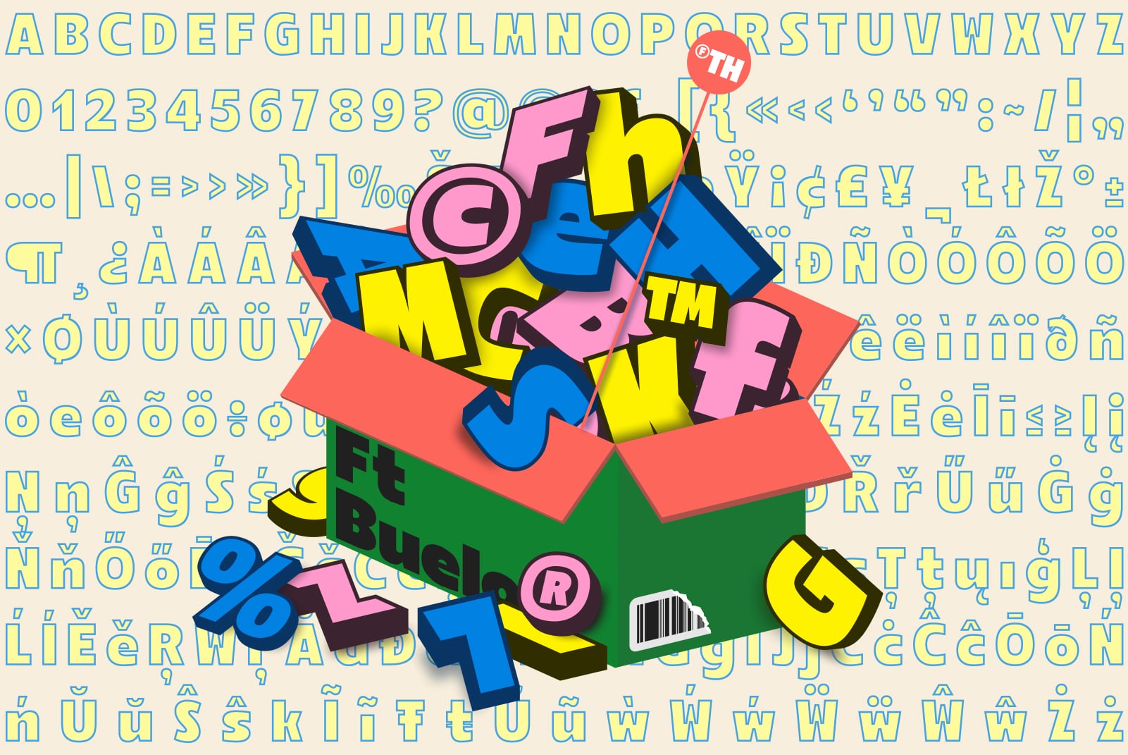 Colorful font character set with letterforms numbers symbols in yellow blue pink
