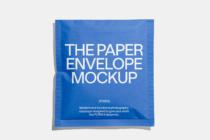 Blue crinkled paper envelope with ribbed edges, white text reads paper envelope mockup
